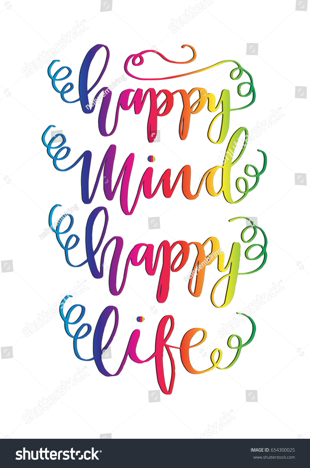 Happy Mind Happy Life on White Background Hand Lettering Modern Calligraphy Handwritten Inspirational