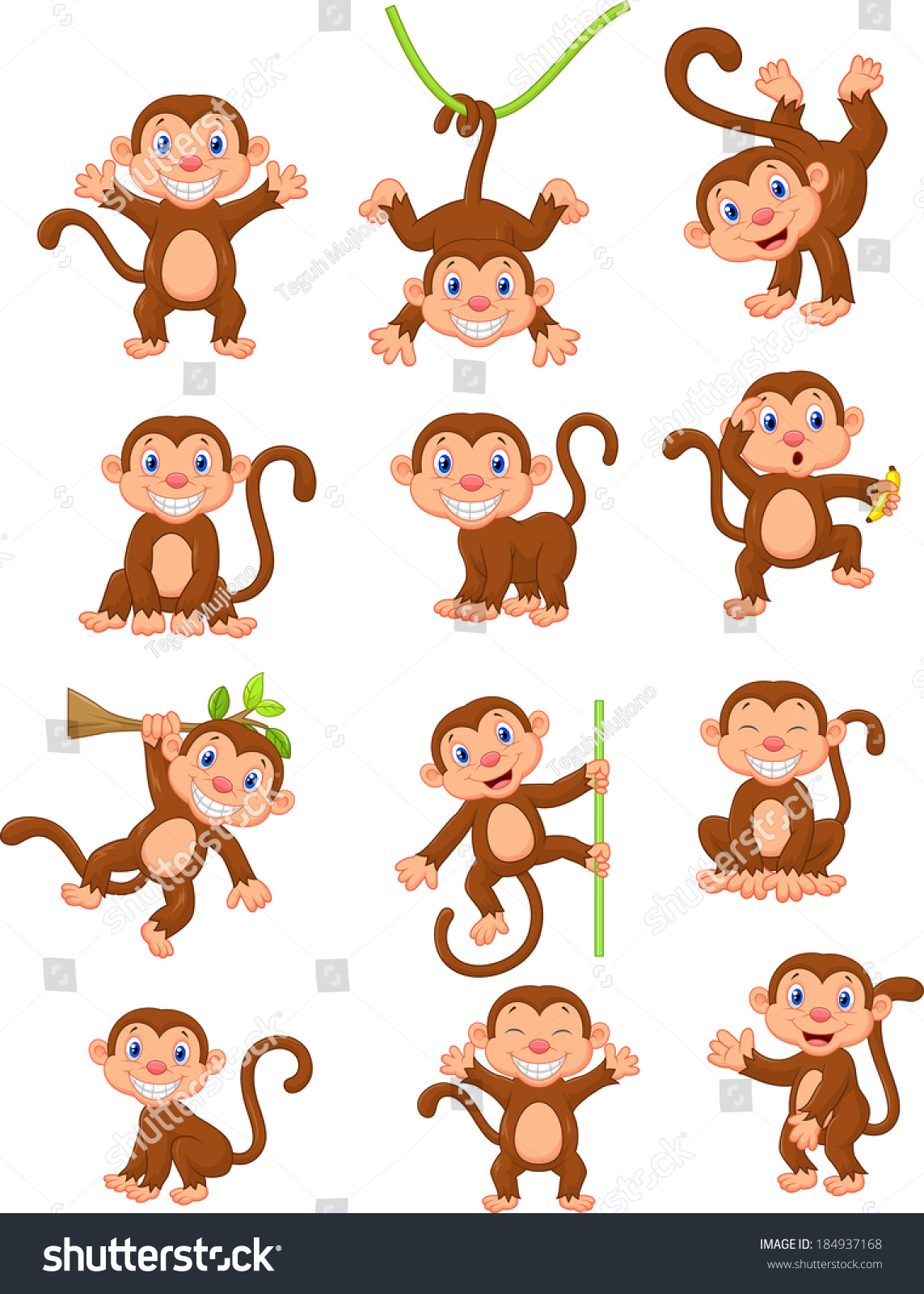 Happy Monkey Cartoon Collection Set Stock Vector Illustration 184937168 ...