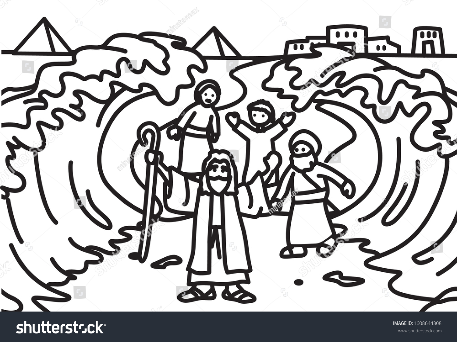 Happy Moses Parting Red Sea Coloring Stok Vekt R Telifsiz 1608644308   Stock Vector Happy Moses Parting The Red Sea Coloring Book 1608644308 