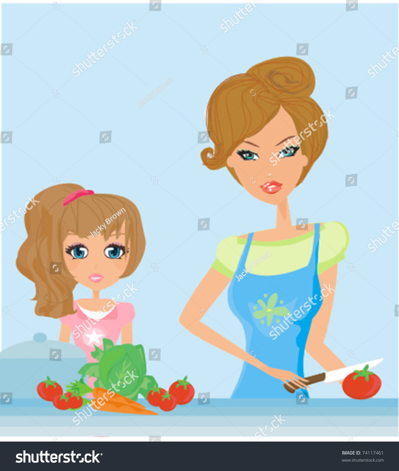 Happy Mother Helping Her Daughter Cooking Stock Vector Royalty Free 74117461