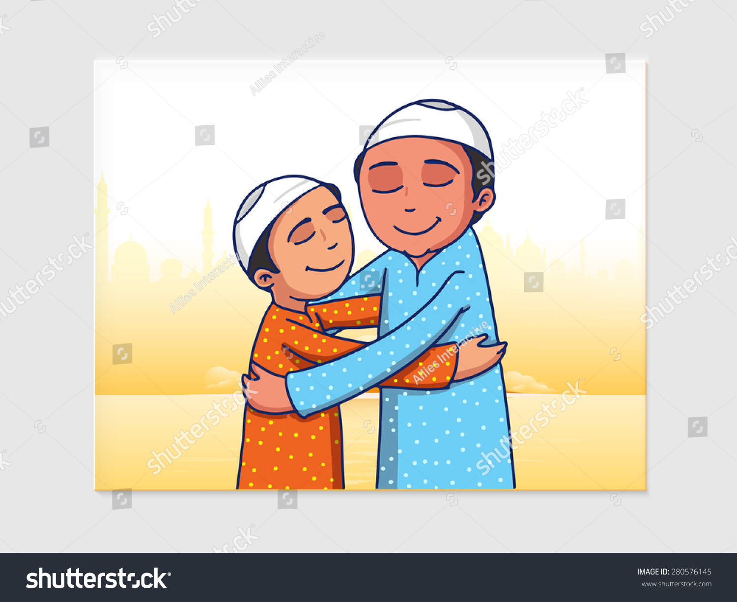 Happy Muslim Men Hugging Each Other On Occasion Of Eid Mubarak ...