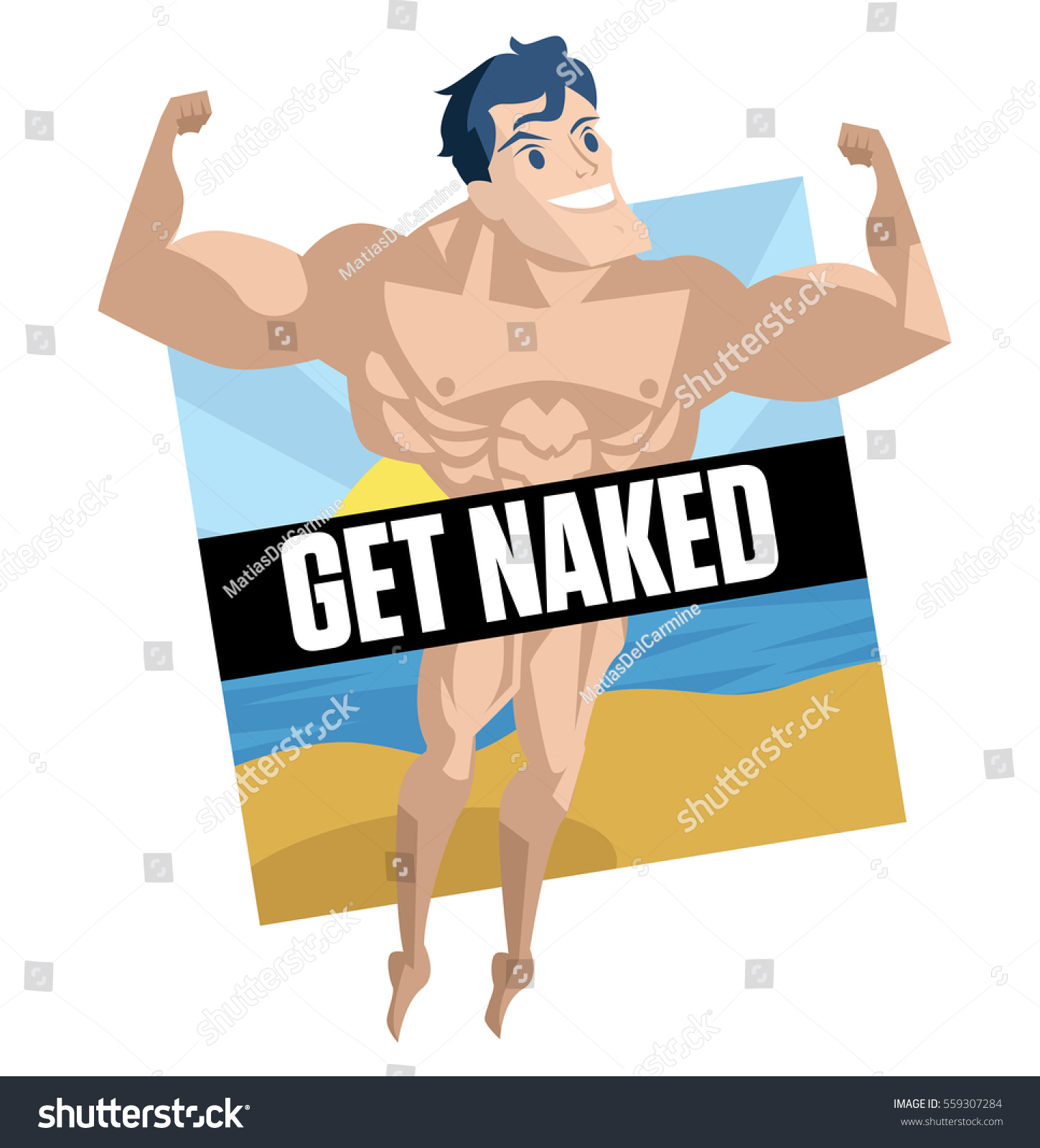 Happy Naked Man On Nudist Beach Vetor Stock Livre De Direitos Shutterstock