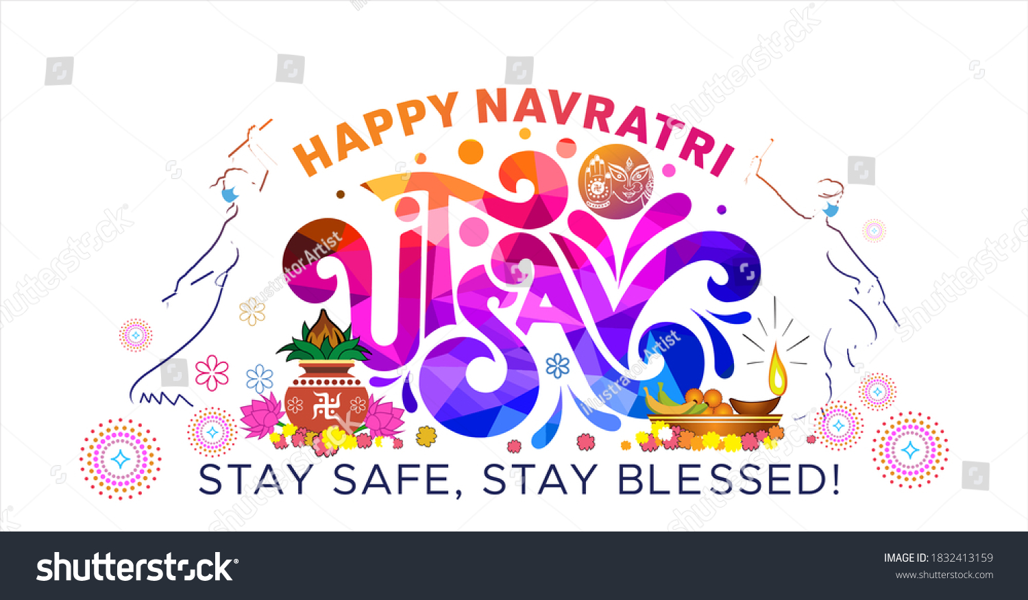 SVG of Happy Navratri Utsav, festival of India background, goddess Durga Puja Decoration and Couple playing Dandiya dance with safety mask svg