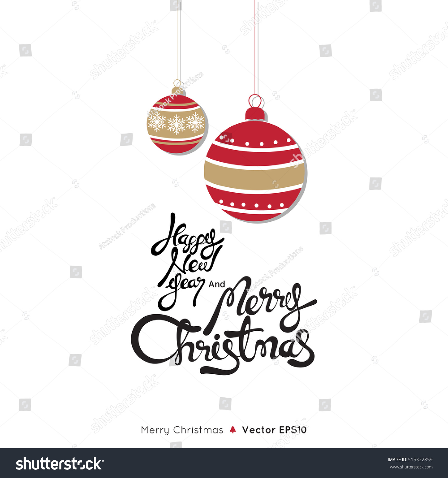 Happy New Year And Merry Christmas Text With Ornament Balls On White ...