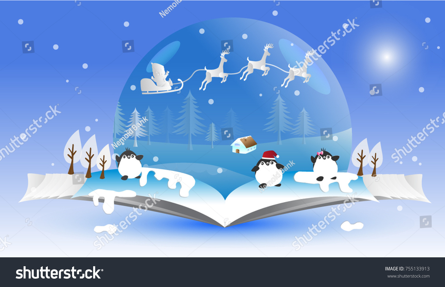 Happy new year and Merry Christmas with Santa Claus and Little Penguins vector illustration paper