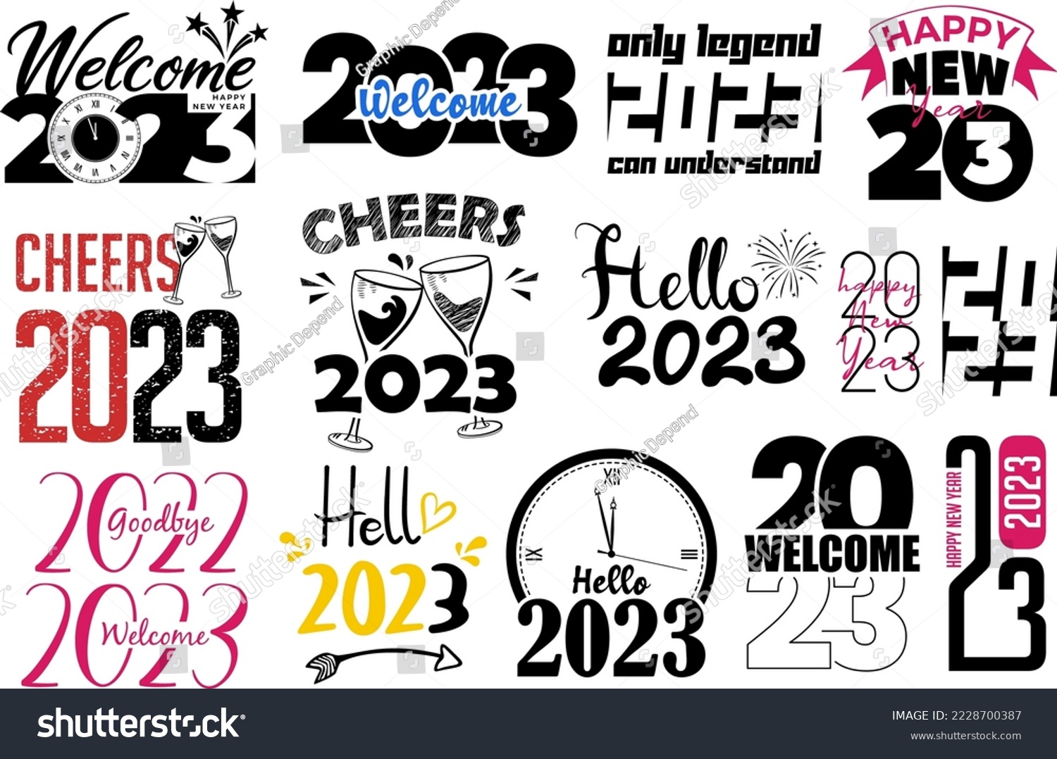 SVG of happy new year 2023 creative clipart bundle can be used for t-shirt, mug, stickers, cut file and many more svg