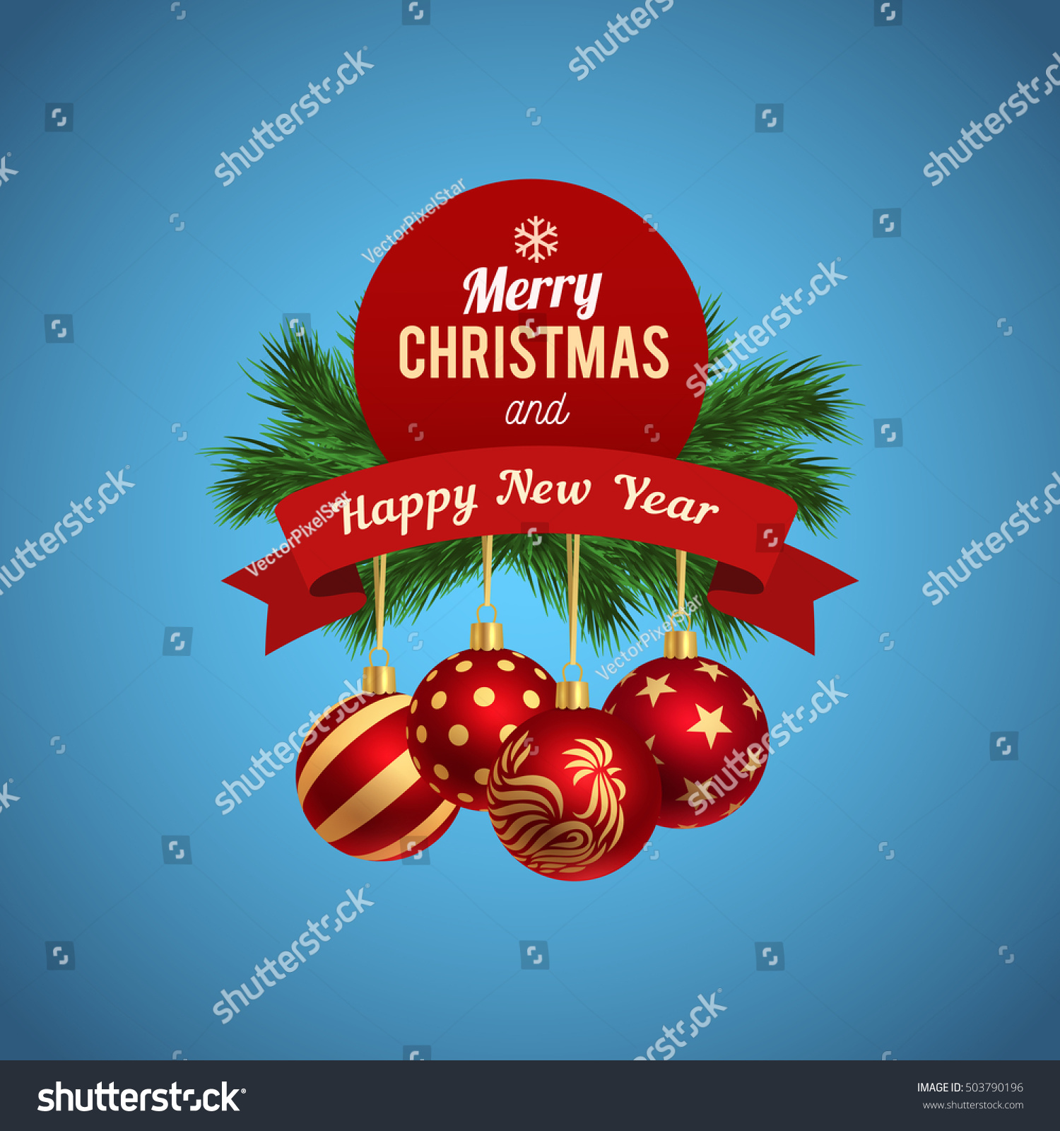 Happy new year greeting card design elements ribbon with christmas balls Vector graphic illustration