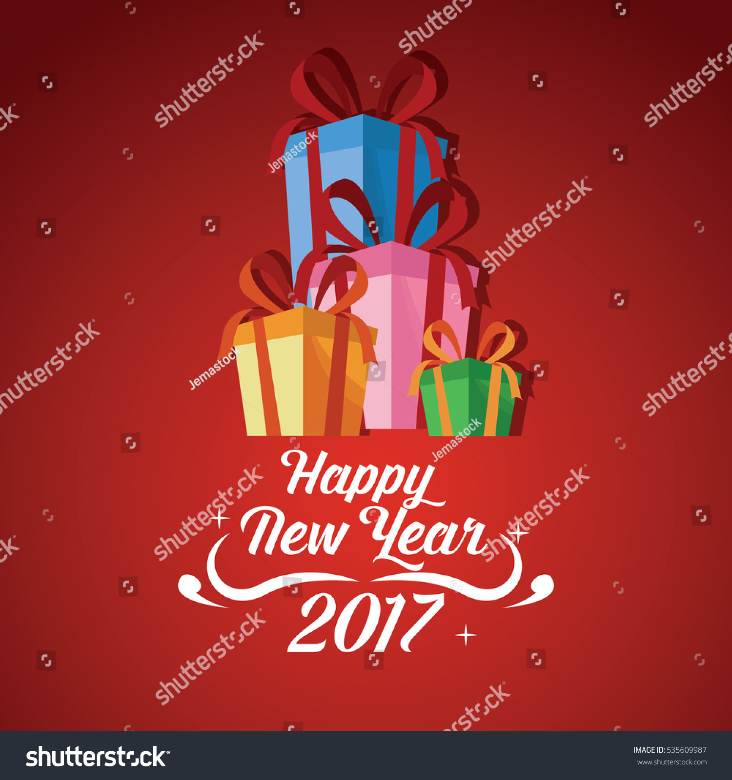 Happy New Year 2017 Greeting Card Gift Boxes Ribbon Red Background Stock Vector Illustration