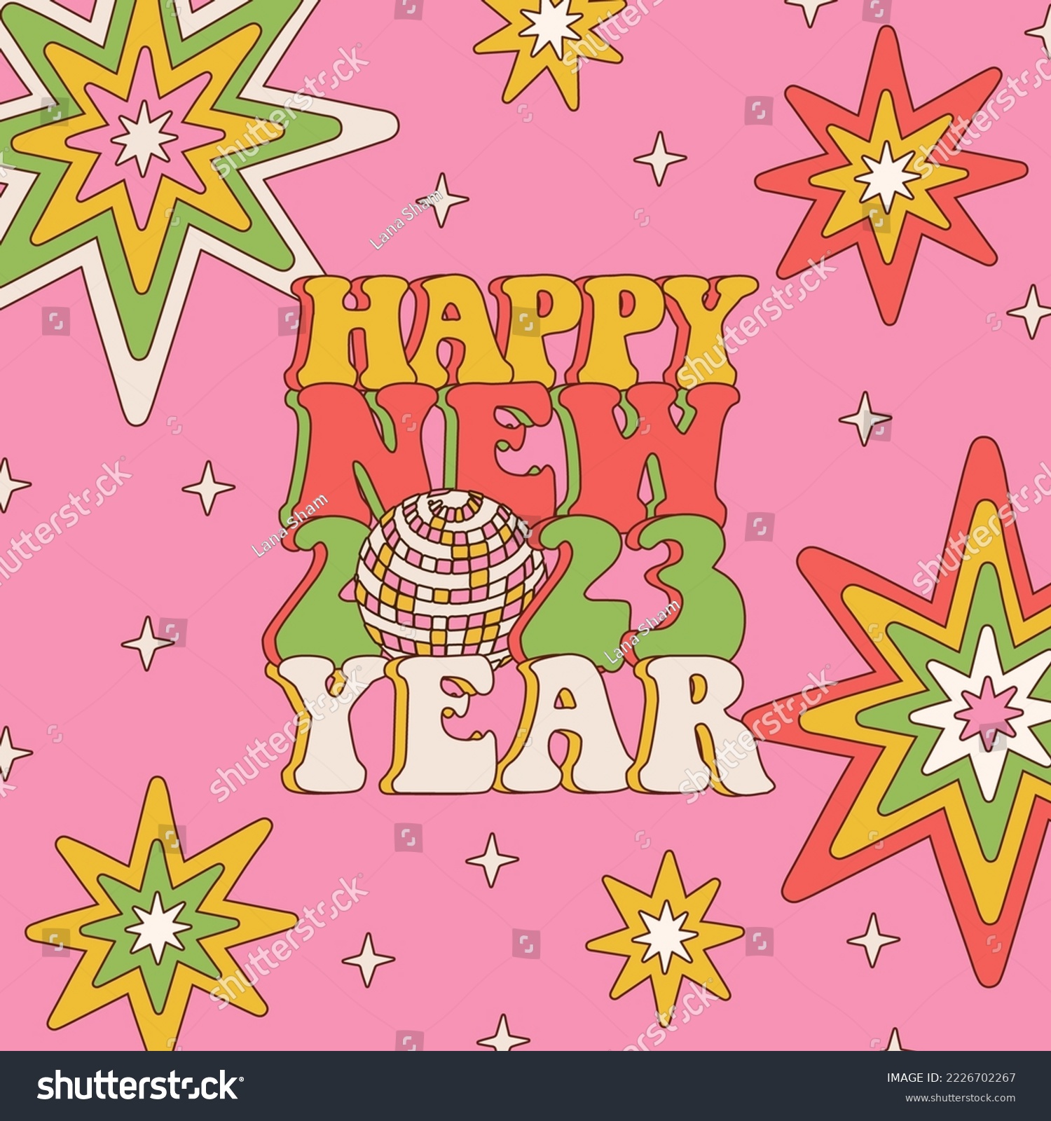 SVG of Happy New 2023 Year - groovy typography lettering card with retro disco ball, sparkler and stars on retro pink background. Colorful vintage 70s greeting card, sticker, banner. Vector illustration. svg
