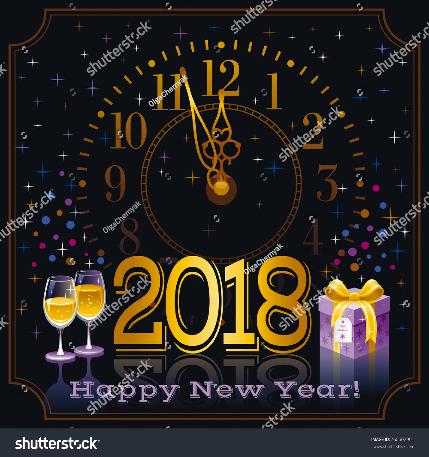 Happy new year 2018 text logo icon Vector poster with clock wine champagne glass