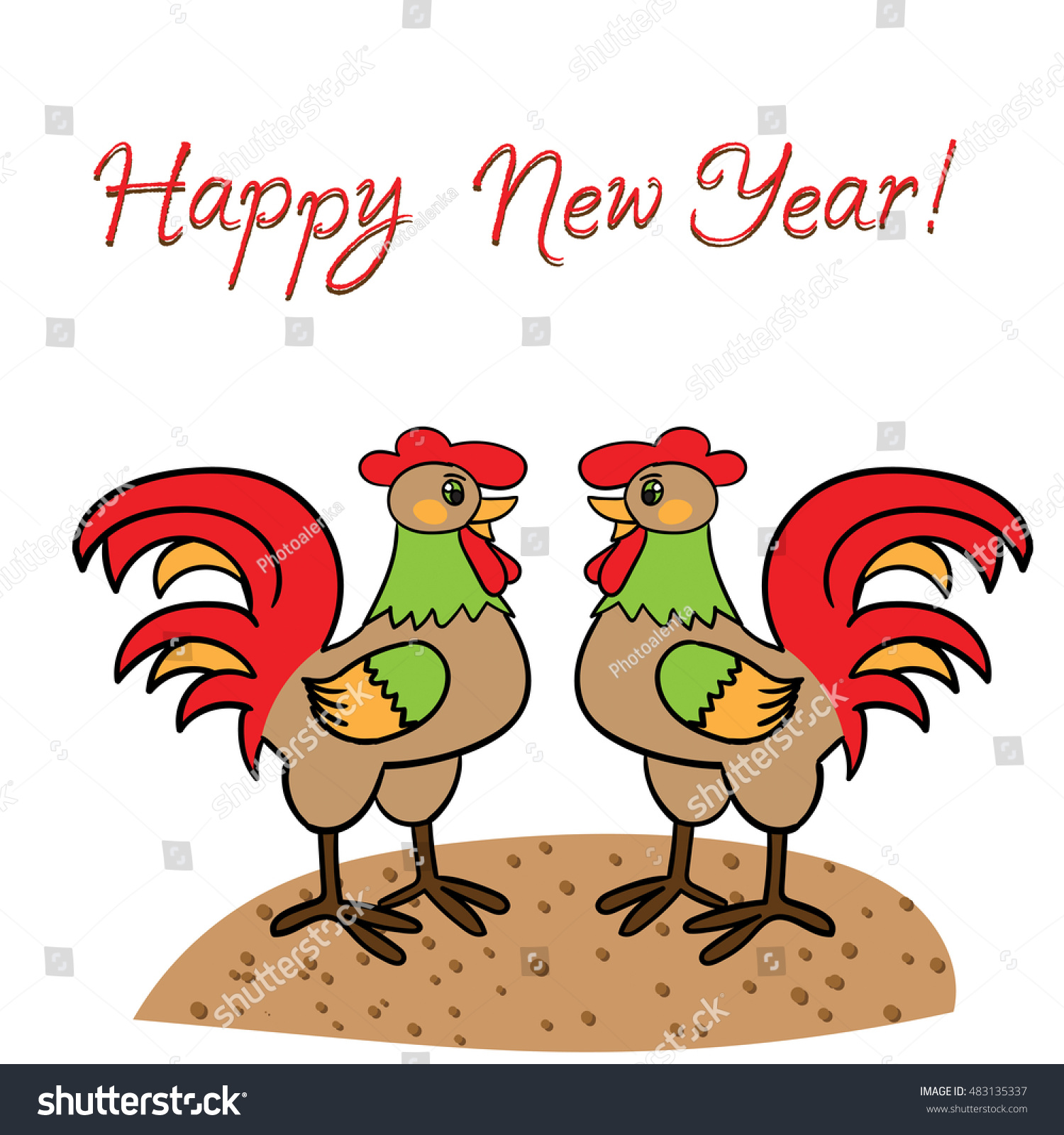 SVG of Happy new year two cocks hand drawn doodle card template svg