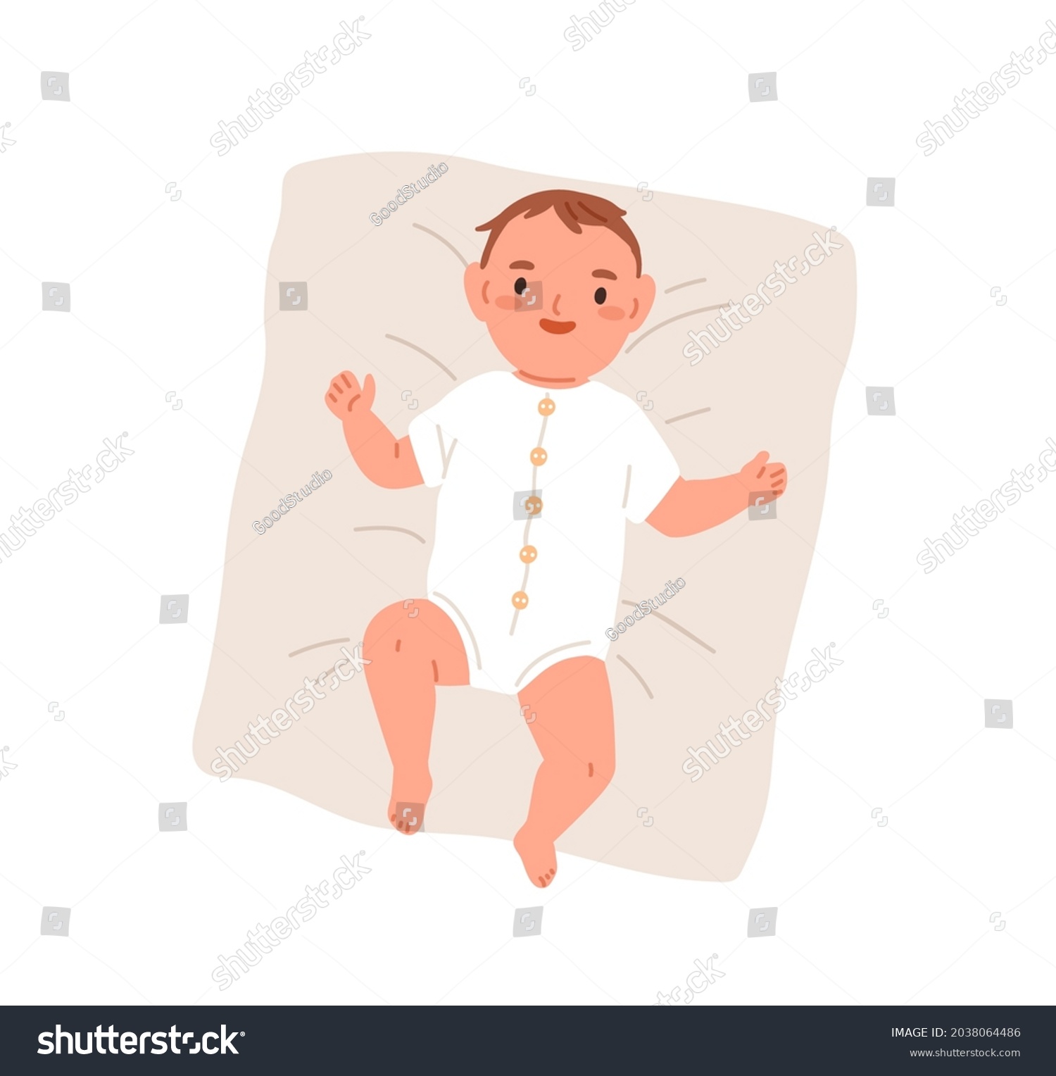 SVG of Happy newborn baby in bodysuit. Top view of smiling joyful infant in clothes. Adorable little boy lying on pillow. New born child. Flat vector illustration isolated on white background svg