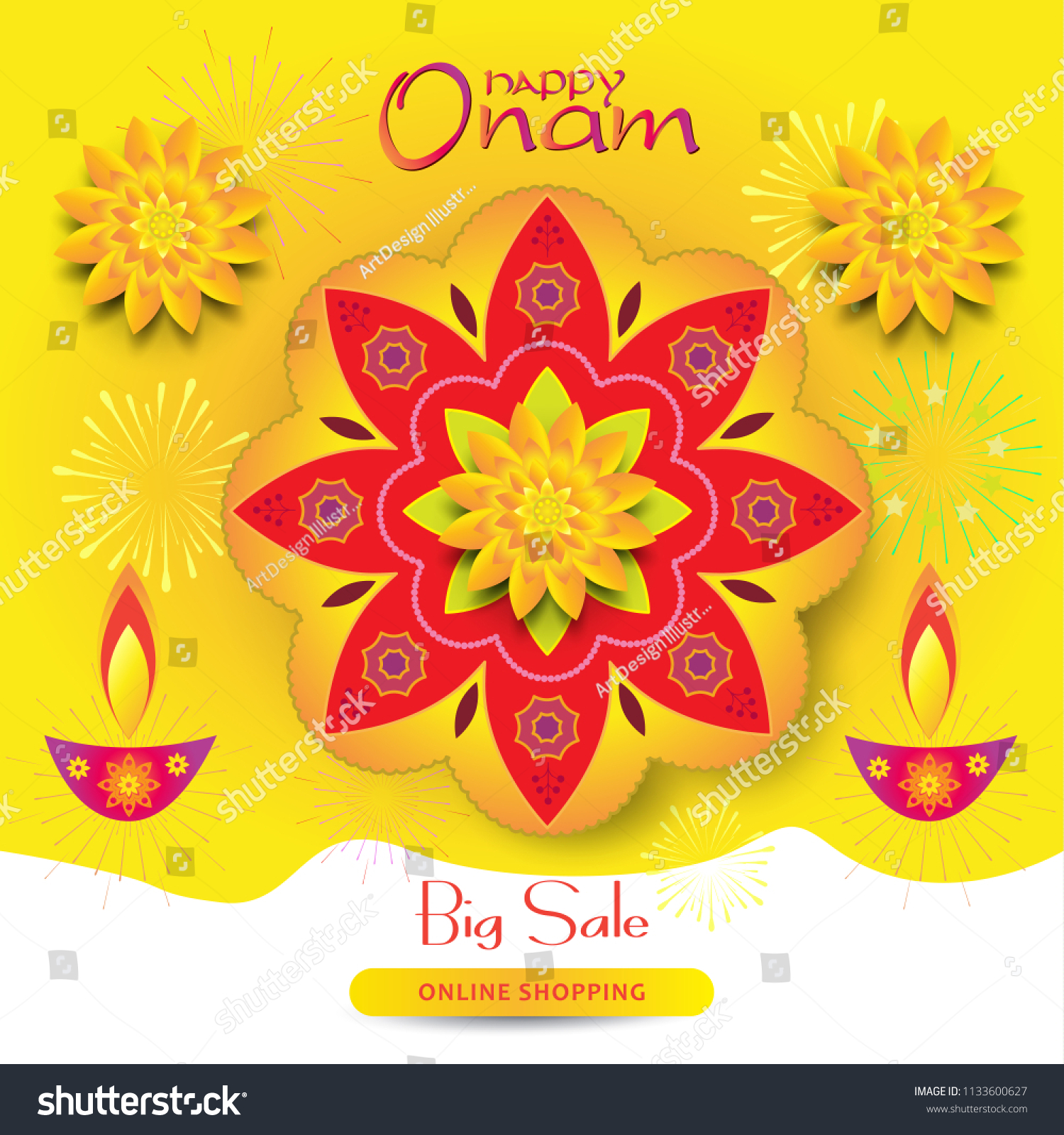 Happy Onam Indian Festival August Summer เวกเตอร์สต็อก (ปลอดค่า