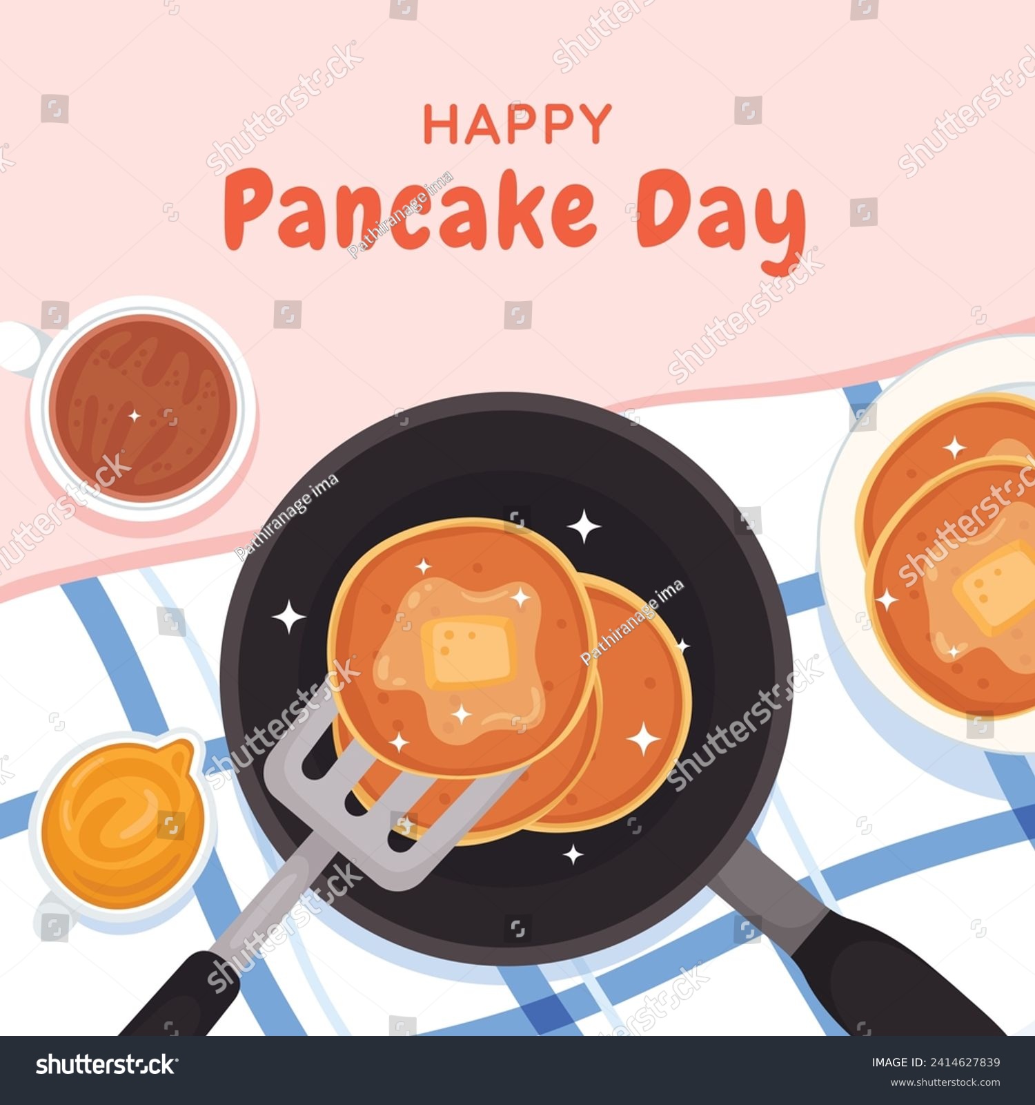 SVG of Happy pancake day. pancake day background. National Pancake Day. Cartoon Vector illustration design Template for Poster, Banner, Flyer, Card, Post, Cover. Pancakes stack with berries or honey. svg