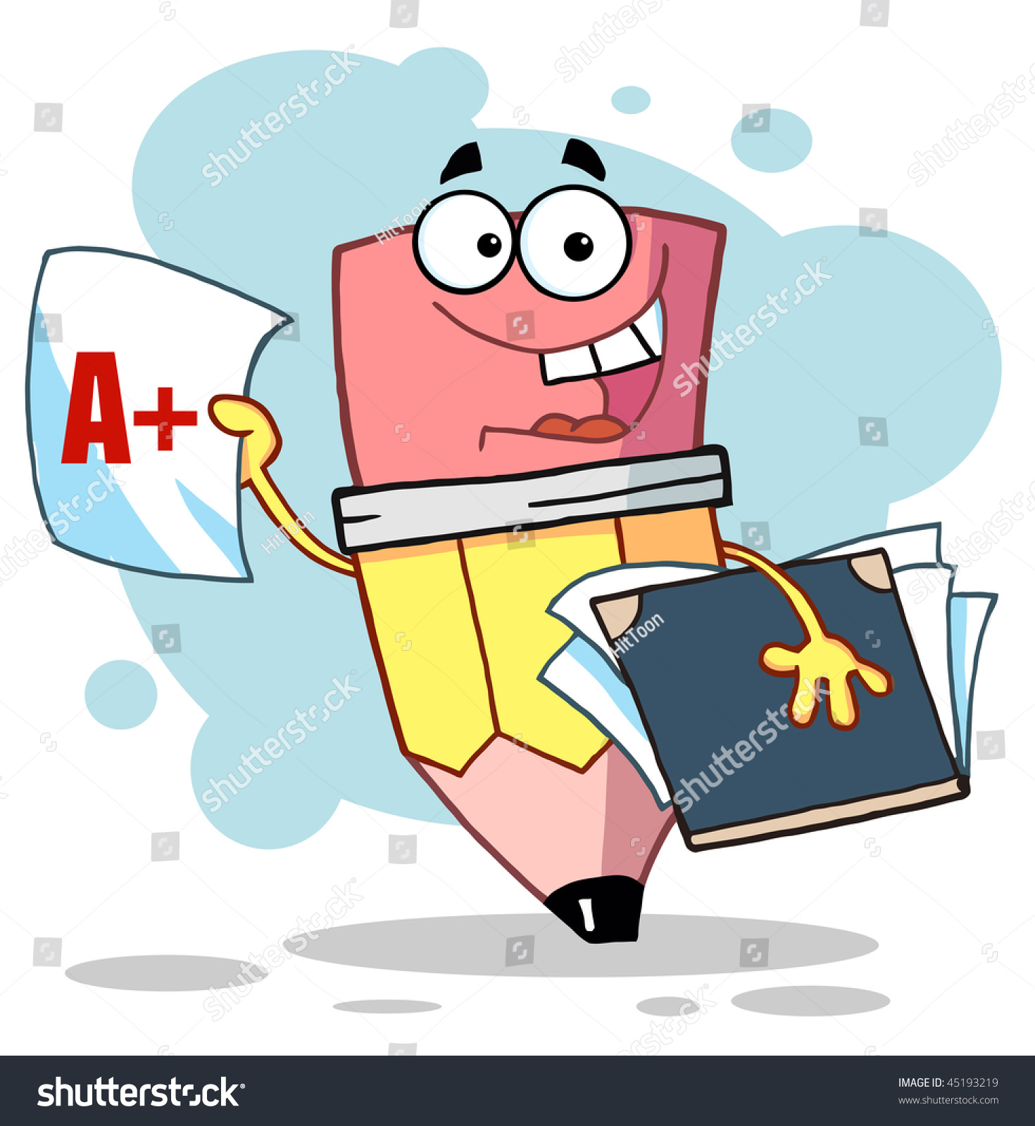 happy pencil guy holding plus report stock vector (royalty