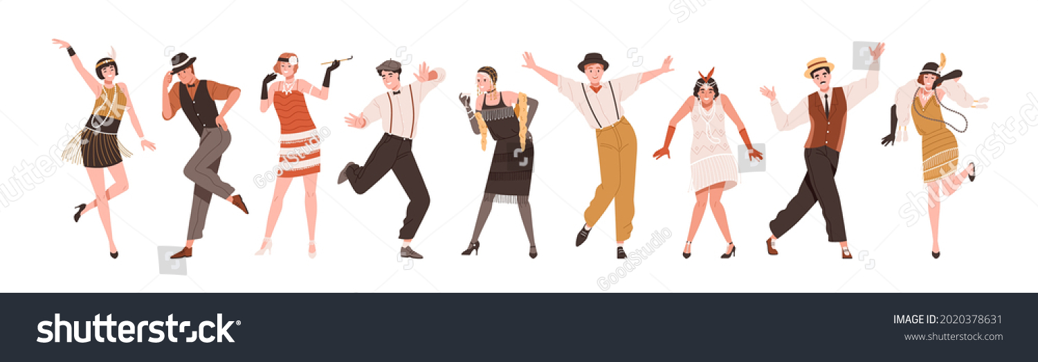 SVG of Happy people in retro-styled clothes dancing to funny music at Gatsby party of 20s. Set of stylish cheerful Broadway dancers of 1920s. Colored flat vector illustration isolated on white background svg
