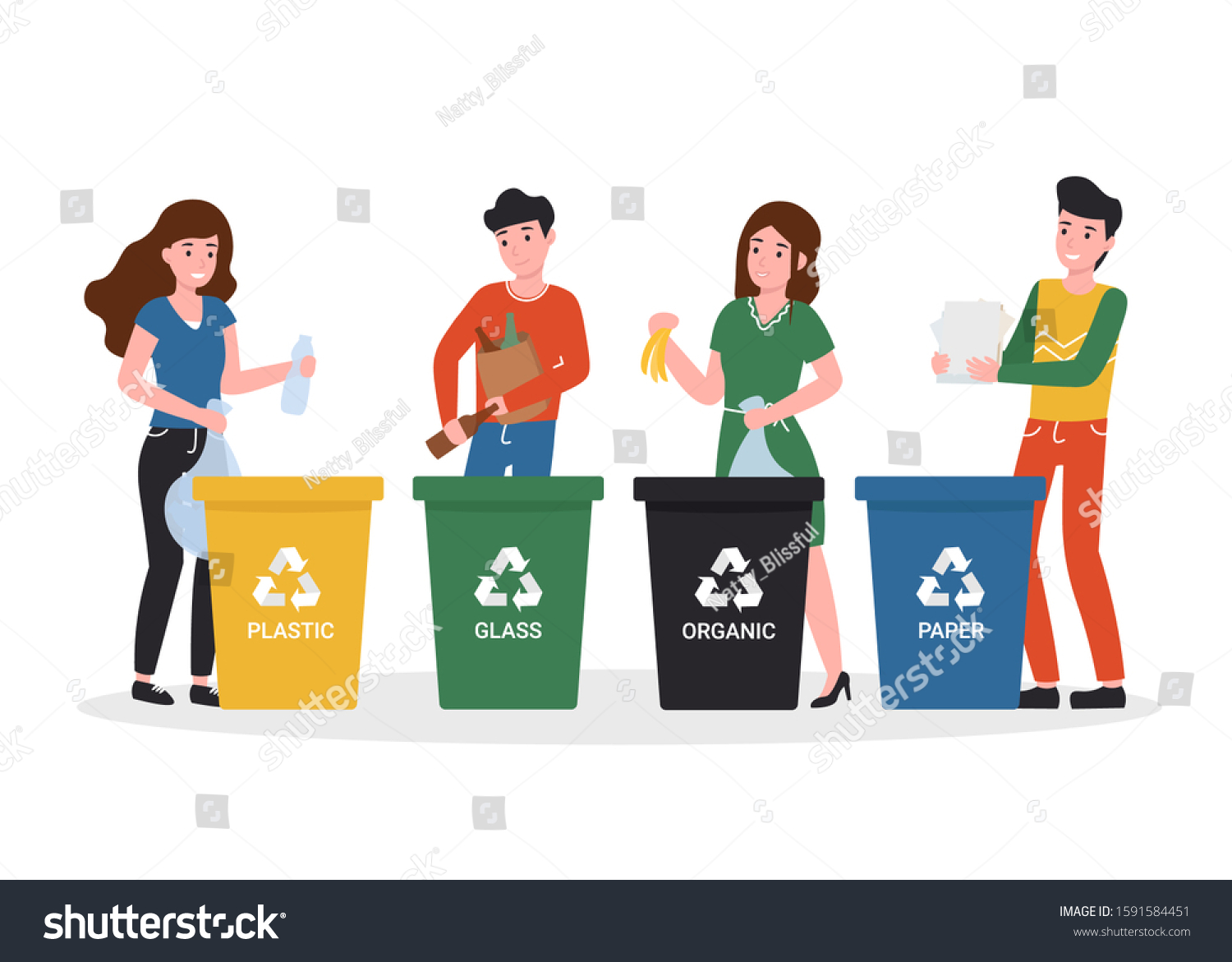 Happy People Putting Rubbish Trash Bins Stock Vector (Royalty Free ...