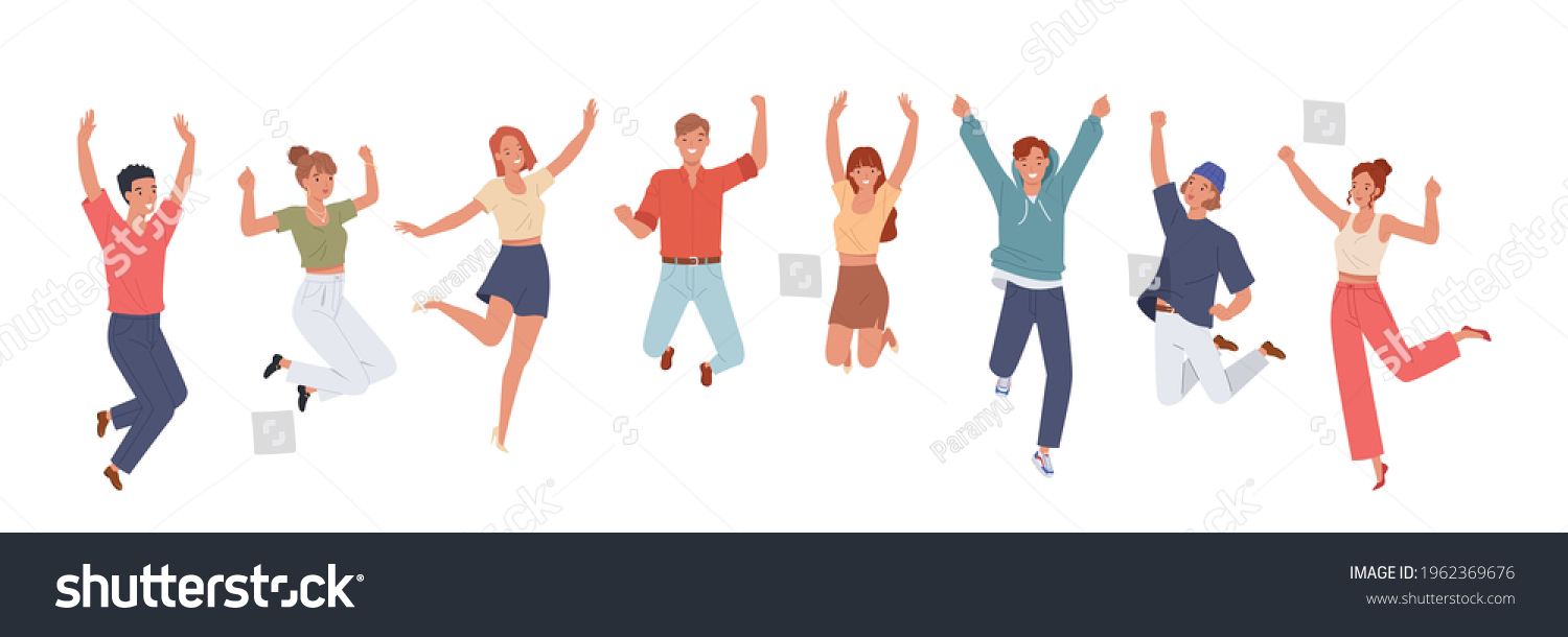 Happy Positive People Jumping Raised Hands Stock Vector (Royalty Free ...