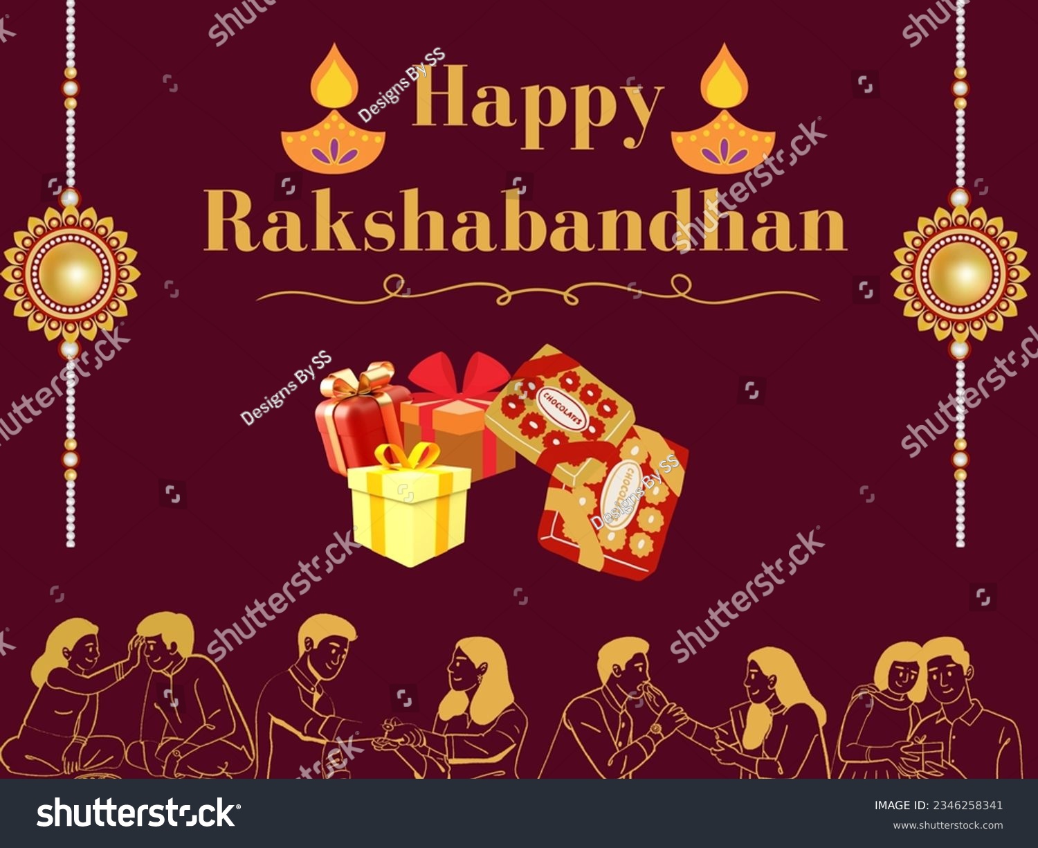 SVG of Happy Rakshabandhan. Happy Rakhi vector illustration with maroon background, gifts and chocolates.  svg