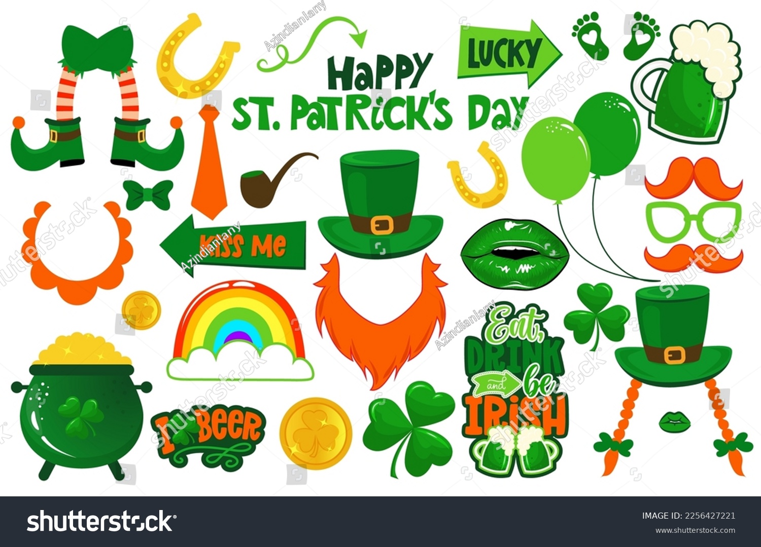 SVG of Happy Saint Patricks Day photo booth prop set. Premium vector lucky charm, shamrock, beard, leprechaun hat, rainbow, pot with gold. Irish party photo booth. Let the shenanigans begin. svg
