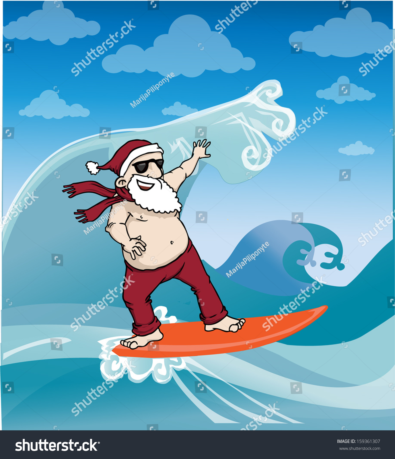 Happy Santa Claus Is Surfing On A Sea Big Wave, Vector Illustration ...