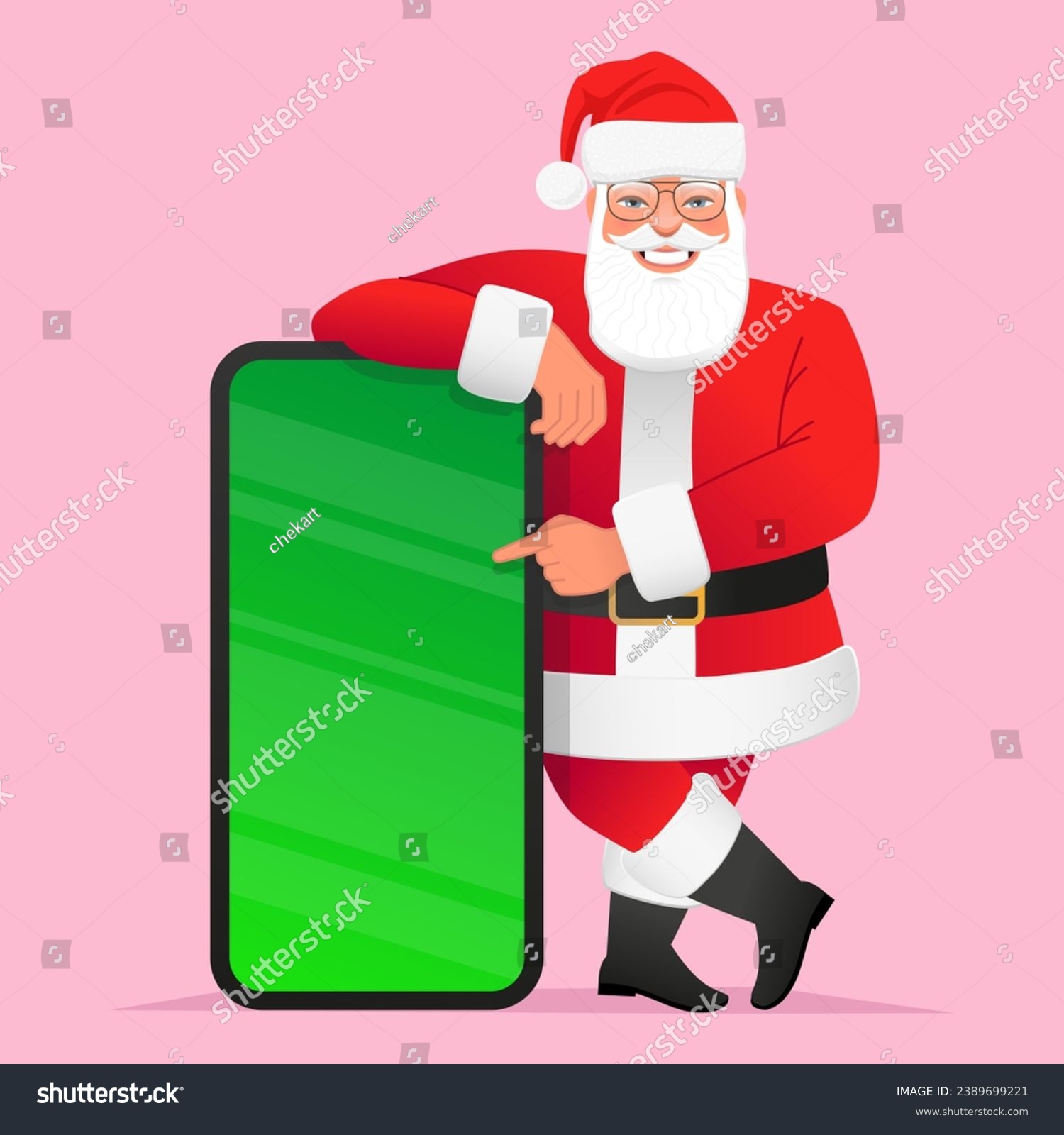 SVG of Happy Santa Claus with glasses is standing next to a large smartphone with a chroma key. Cartoon Santa points to the mobile phone screen. New Year's concept for advertising a mobile application. svg