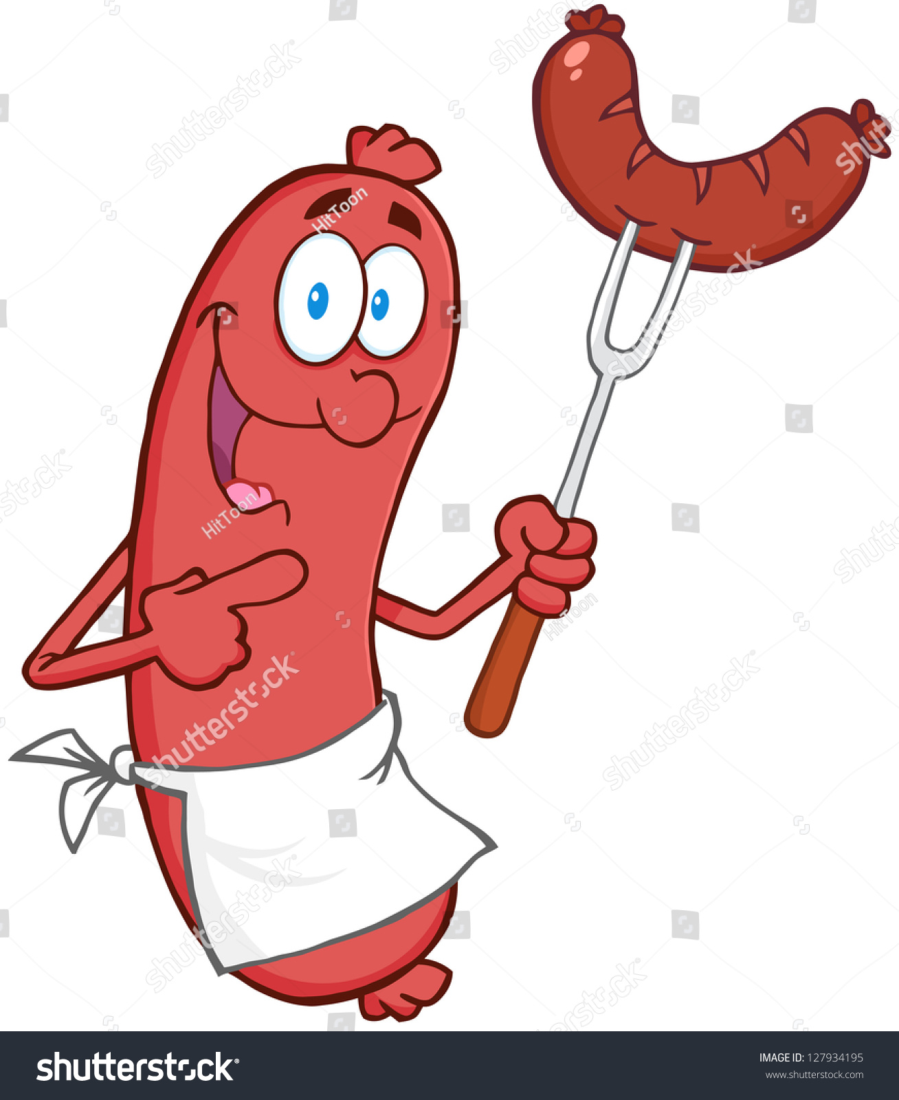 Happy Sausage Cartoon Mascot Character With Sausage On Fork Stock ...