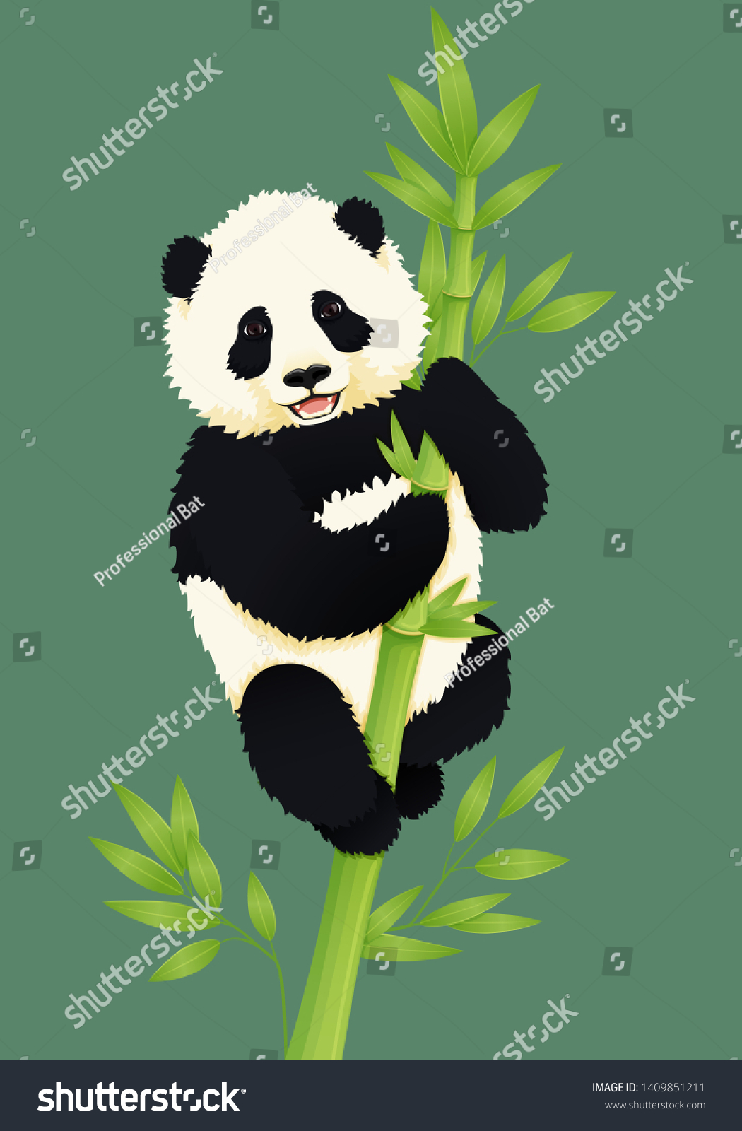 SVG of Happy smiling baby giant panda climbing green bamboo tree. Black and white chinese bear cub. Rare, vulnerable species. svg