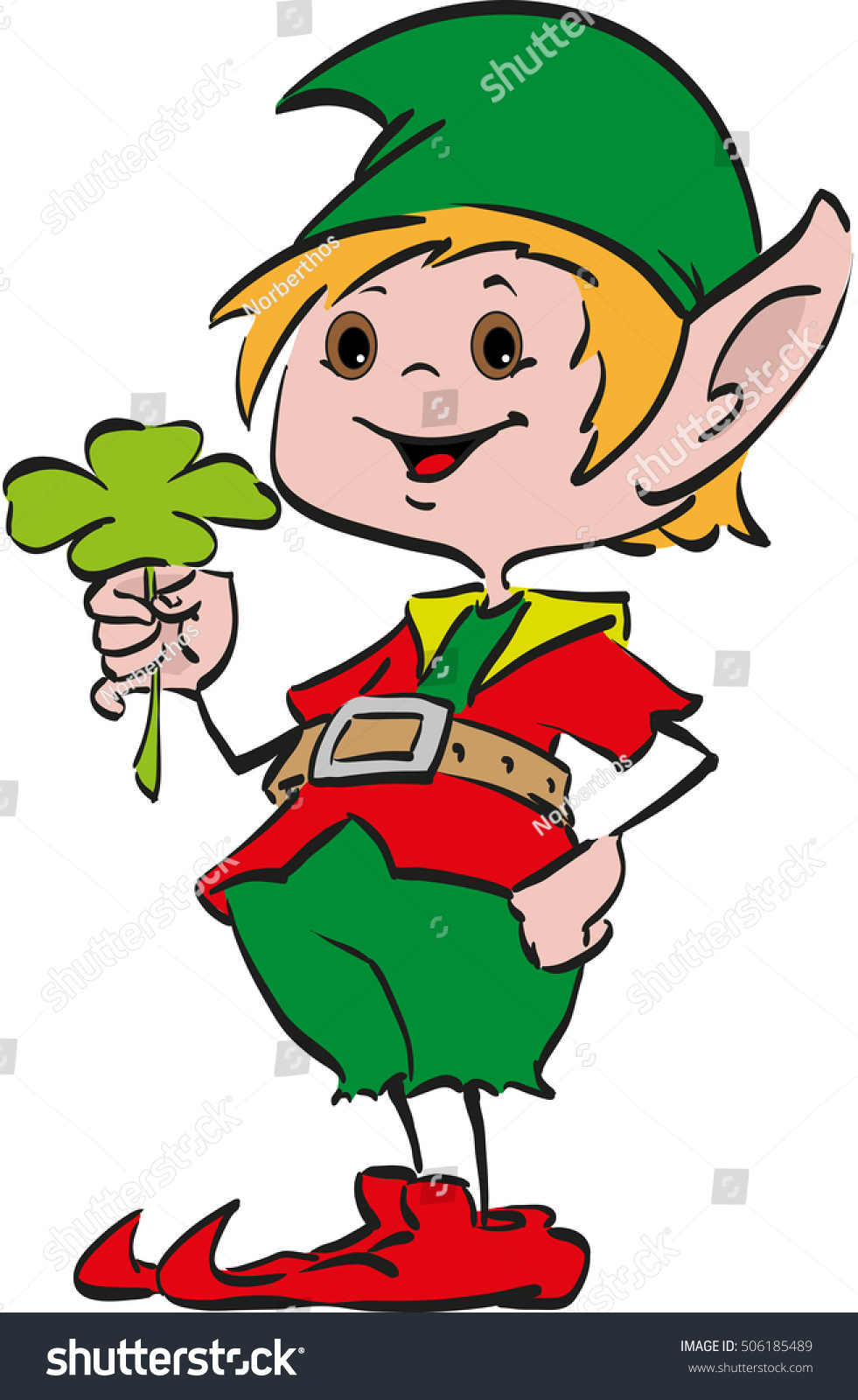 stock-vector-happy-smiling-boy-christmas-santa-s-elf-holding-a-four-leaf-clover-in-his-hand-506185489