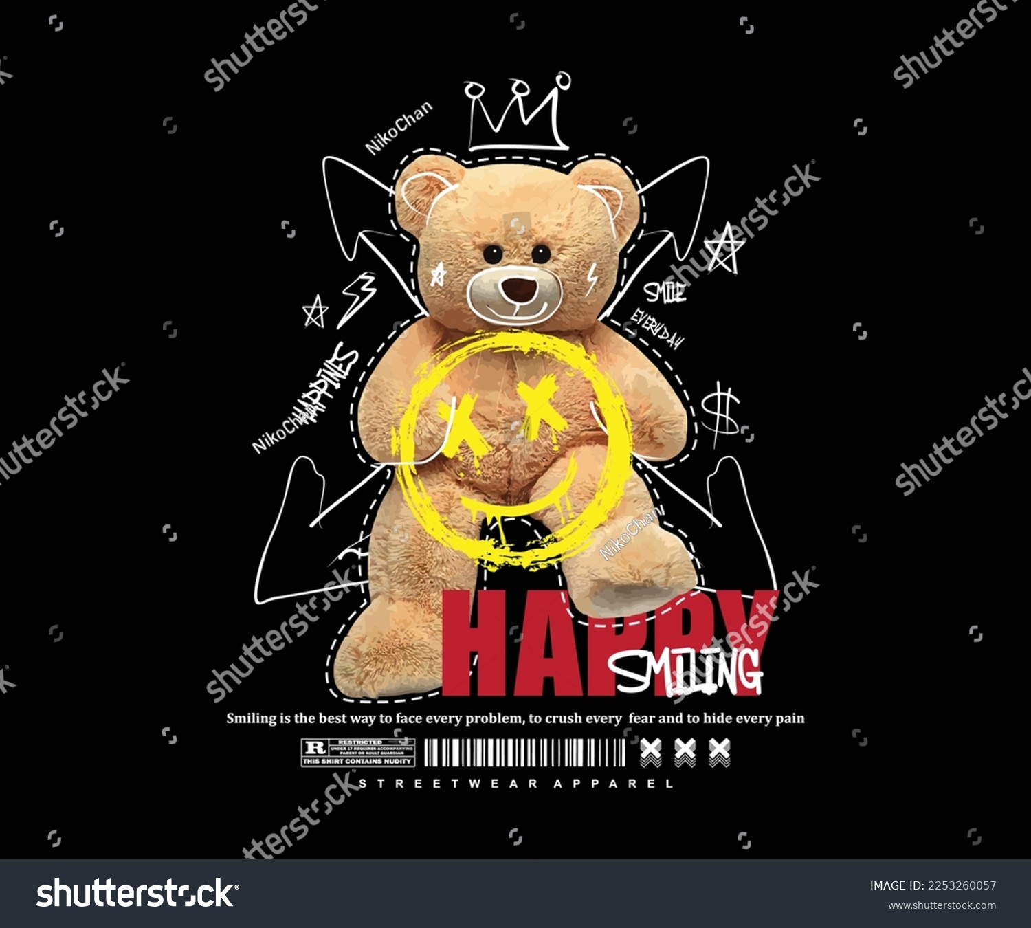 SVG of happy smiling slogan print design with teddy bear illustration in graffiti street art style for street wear and urban style t shirt, design, hoodie, etc. svg