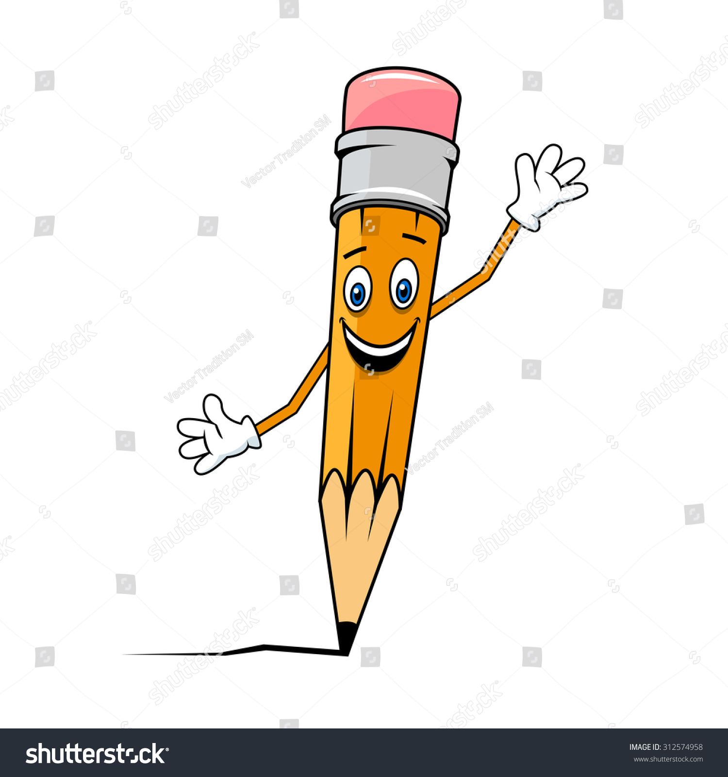 Happy Smiling Waving Graphite Pencil With A Rubber Top, Cartoon ...