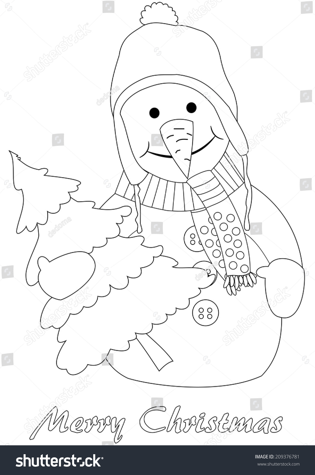 Happy snowman with christmas tree coloring page