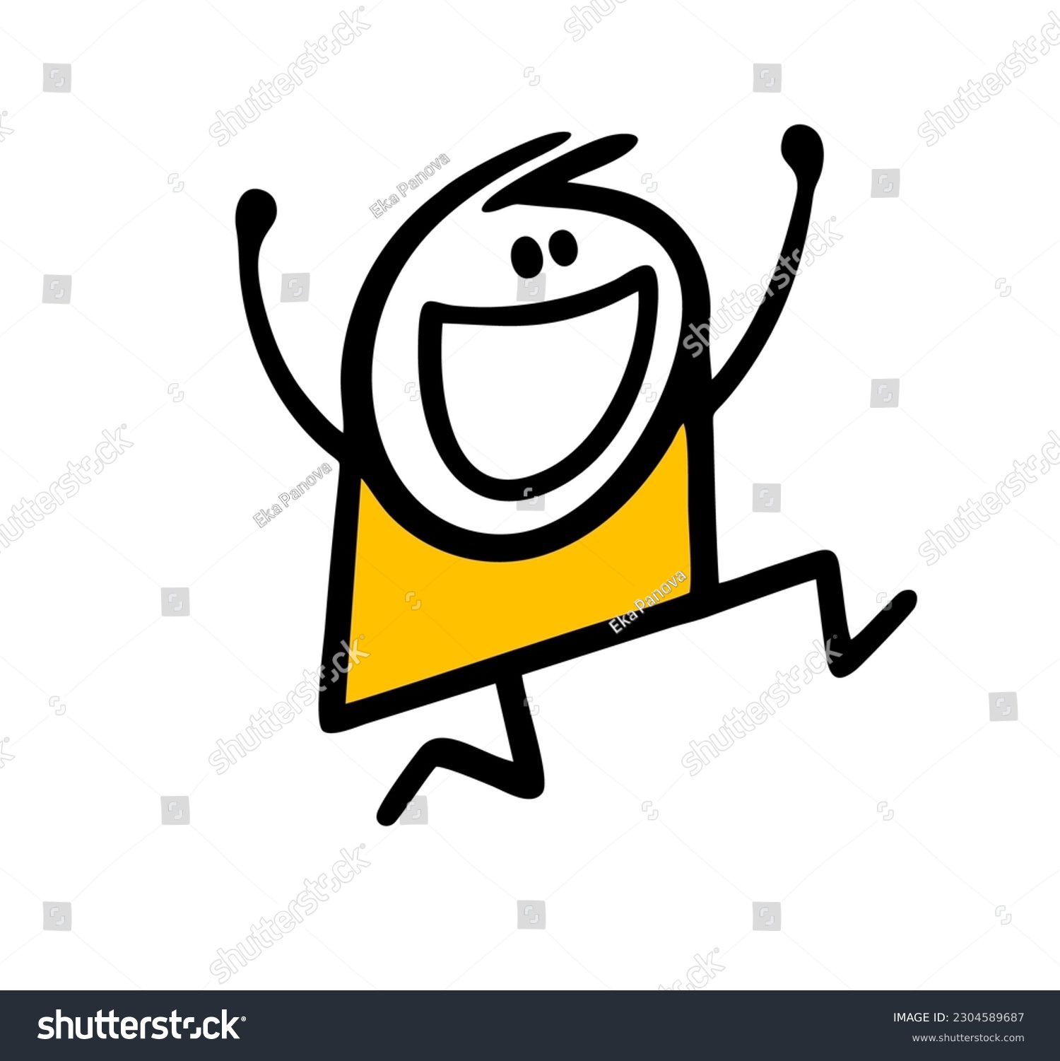 recommend clip art: Happy stick figure boy runs and jumps in positive good mood with rising hands. Vector illustration of dancing funny stickman. Isolated image on white background.
