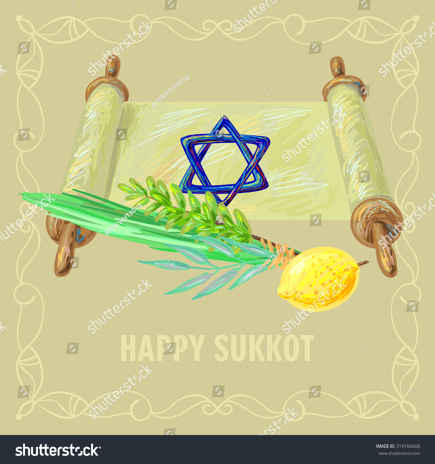 Happy Sukkot Four Symbols And Torah Of Jewish Holiday. Sukkot Species ...