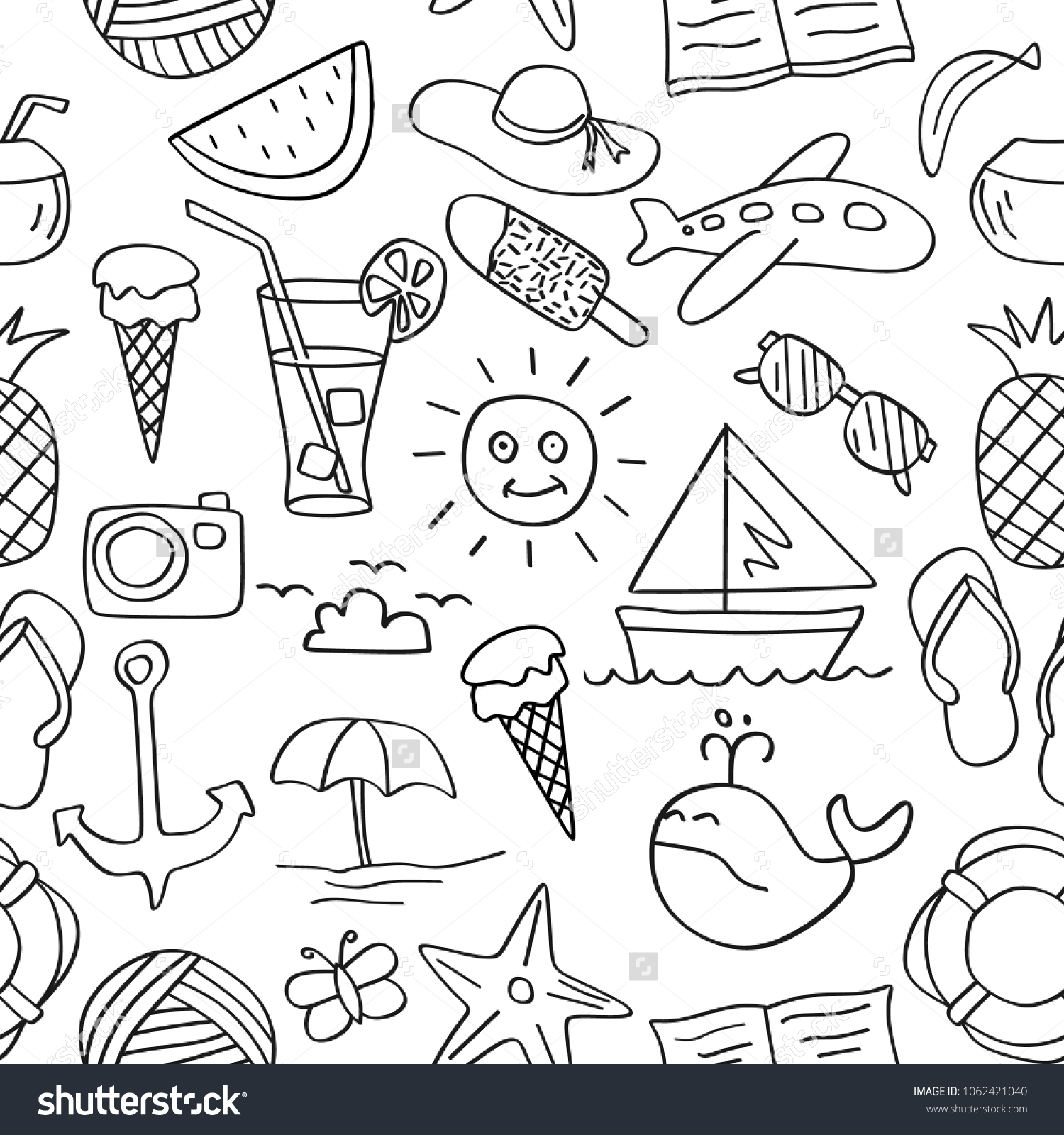 Happy Summer Doodle Seamless Black White Stock Vector (Royalty Free ...