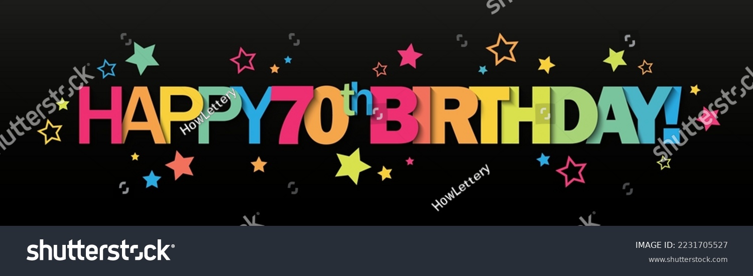 SVG of HAPPY 70th BIRTHDAY! colorful vector typography banner stars on black background svg