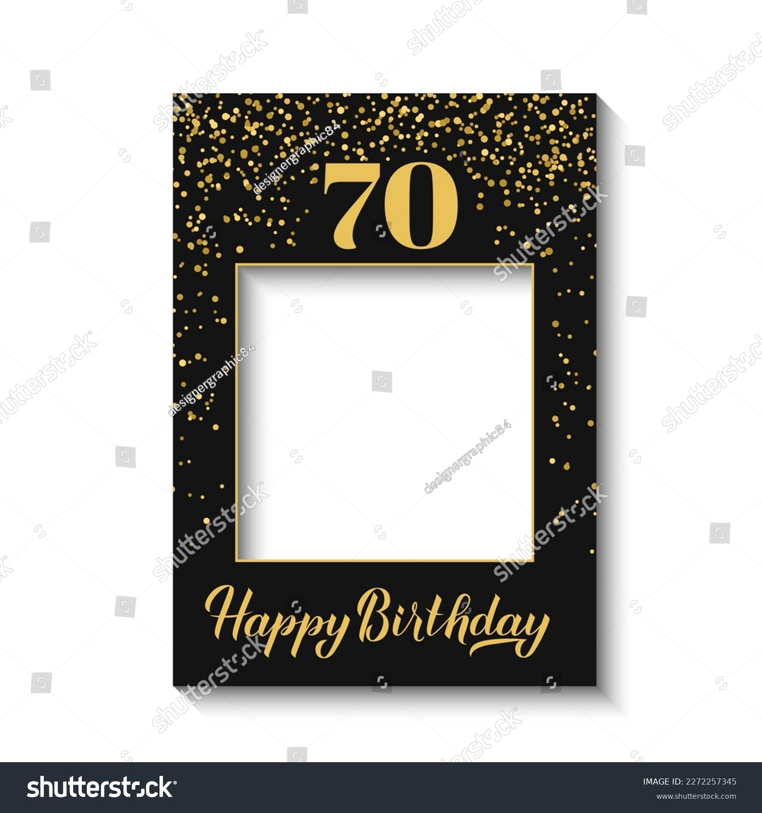 SVG of Happy 70th Birthday photo booth frame on white background. Birthday party photobooth props. Black and gold confetti party decorations. Vector template.  svg