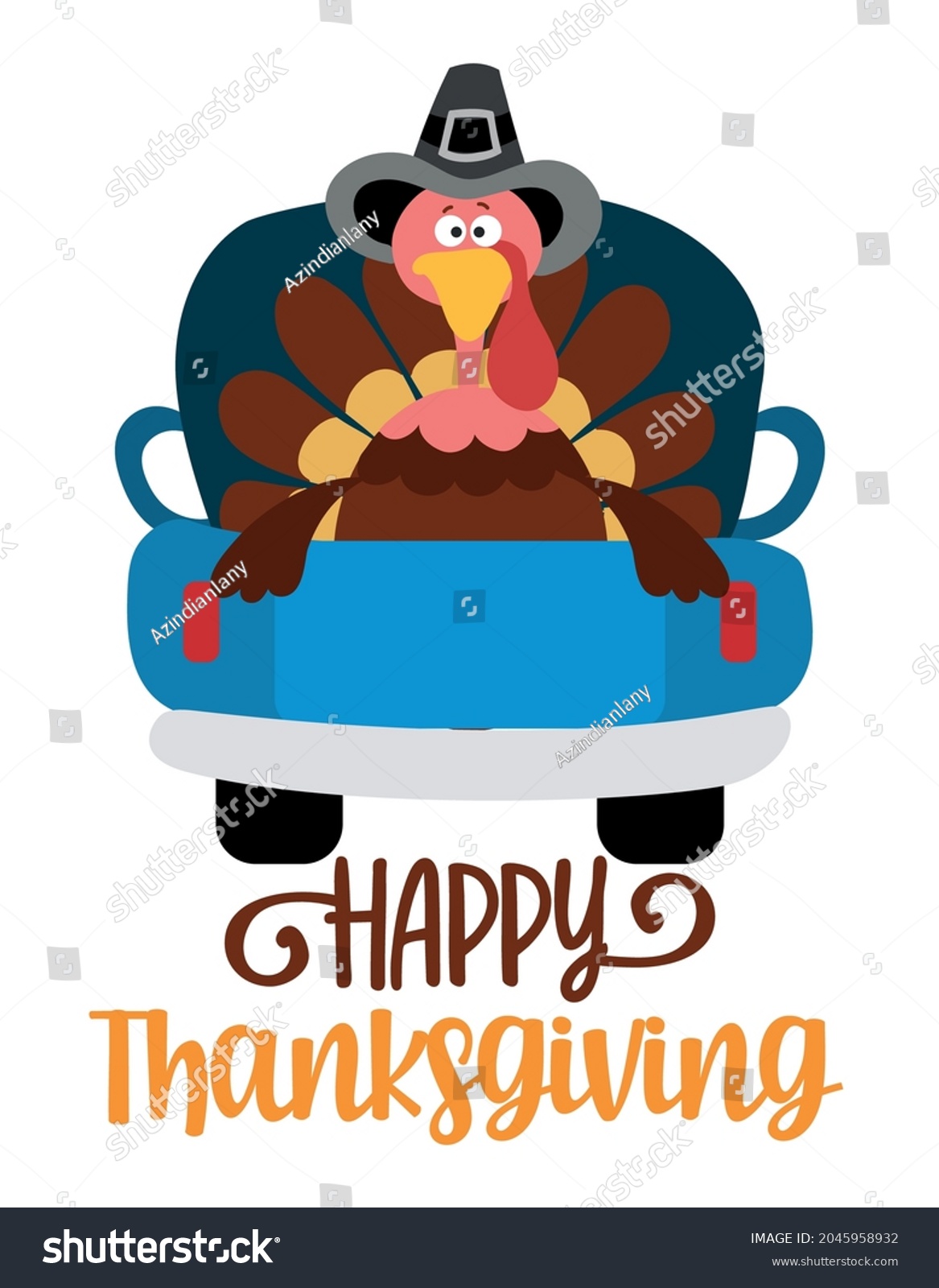 SVG of Happy Thanksgiving - Happy Harvest fall festival design for markets, restaurants, flyers, cards, invitations, stickers, banners. Cute hand drawn hayride or old pickup truck with farm cute turkey.  svg