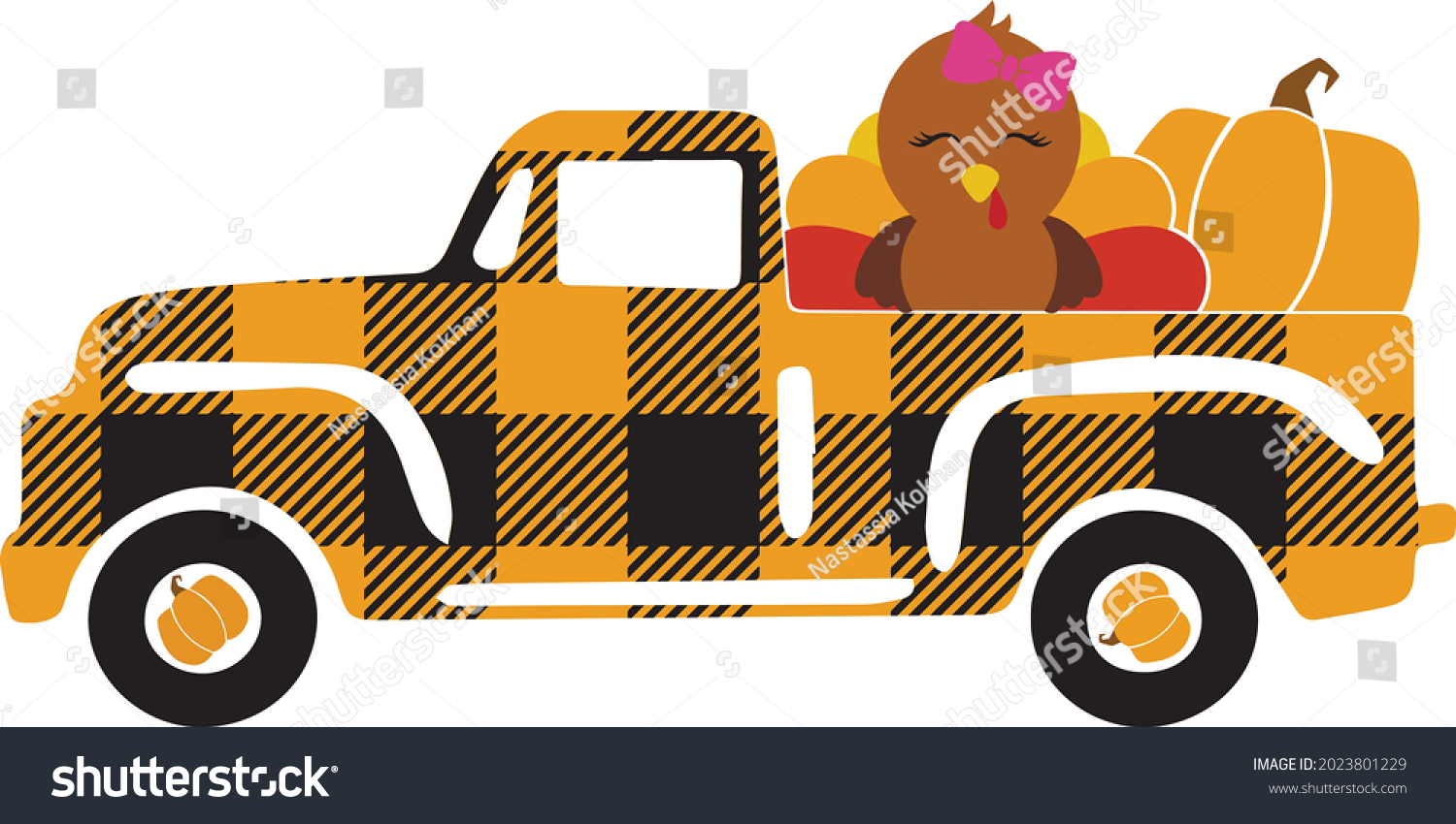 SVG of Happy thanksgiving truck with turkey svg vector Illustration isolated on white background. Happy thanksgiving shirt. Green fall truck. Autumn truck sublimation. Buffalo plaid fall truck svg