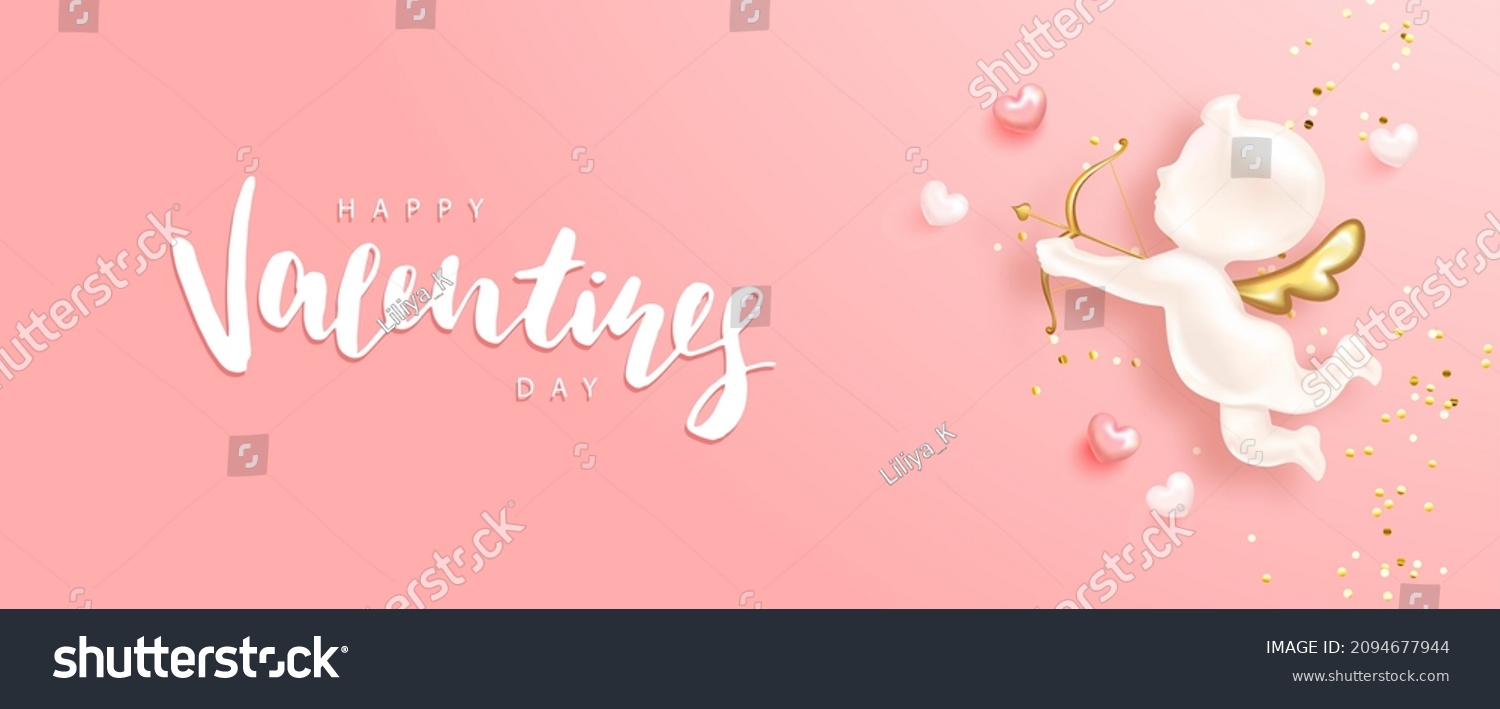 SVG of Happy Valentine s Day poster with realistic 3d angel cupid, hearts and confettti.Festive background for February 14 with hand lettering.Vector design for postcards, advertising material, websites svg