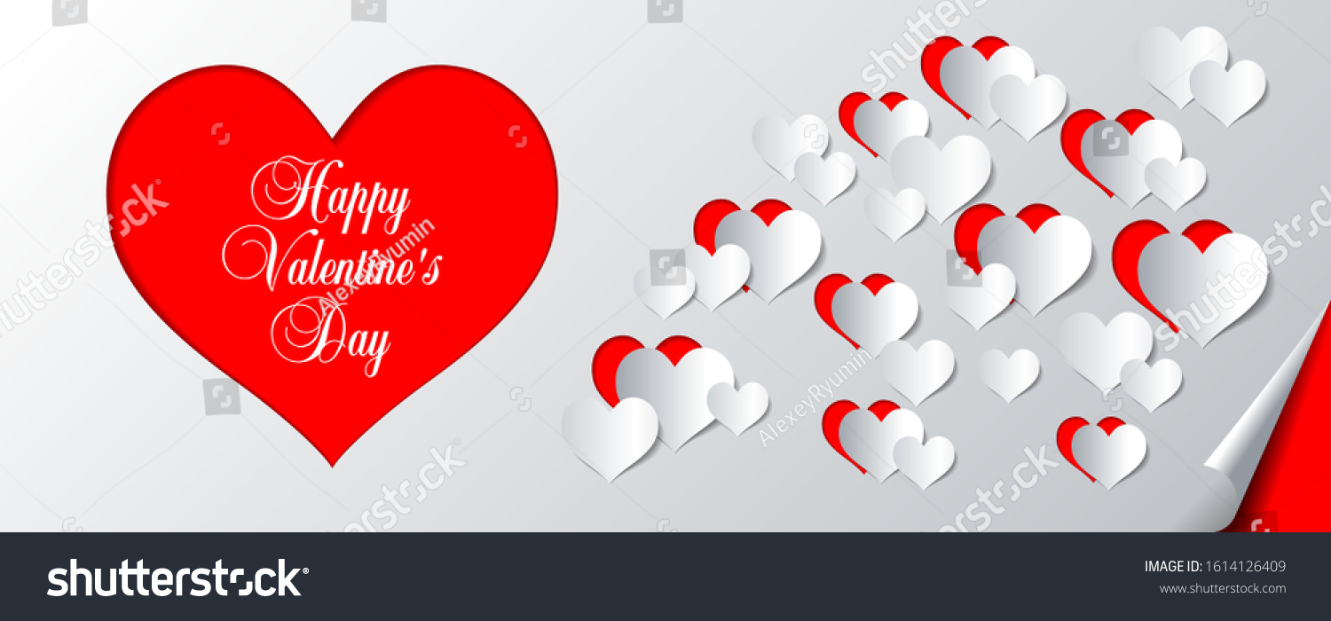 Happy Valentines Day calligraphic text vector illustration banner, flyer, poster, voucher, website header template with paper heart cutouts 