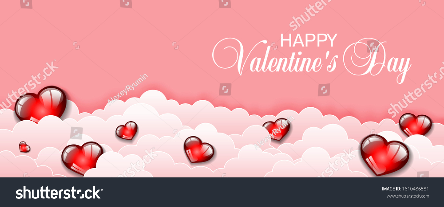 Happy Valentines Day vector background with calligraphic lettering on pink background with hearts and clouds. 