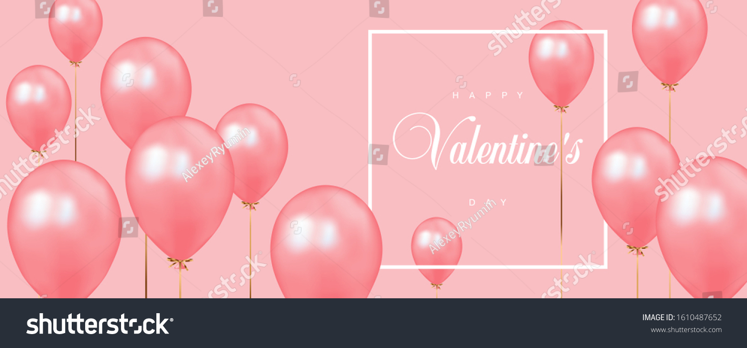 Happy Valentines Day vector template with calligraphic lettering on pink background with pink balloons. 