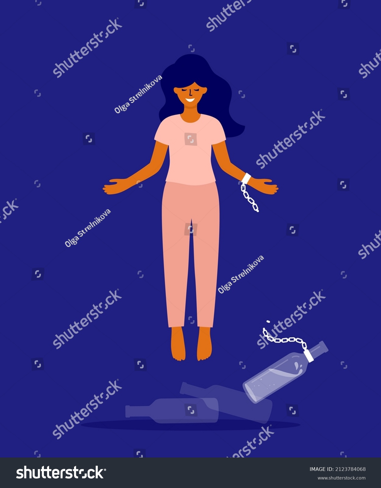 SVG of Happy woman flying after release from alcohol addiction. Female healthy life, freedom, liberation vector illustration. Alcoholics anonymous help. Girl breaks chain with bottle linked to hand. No drink svg