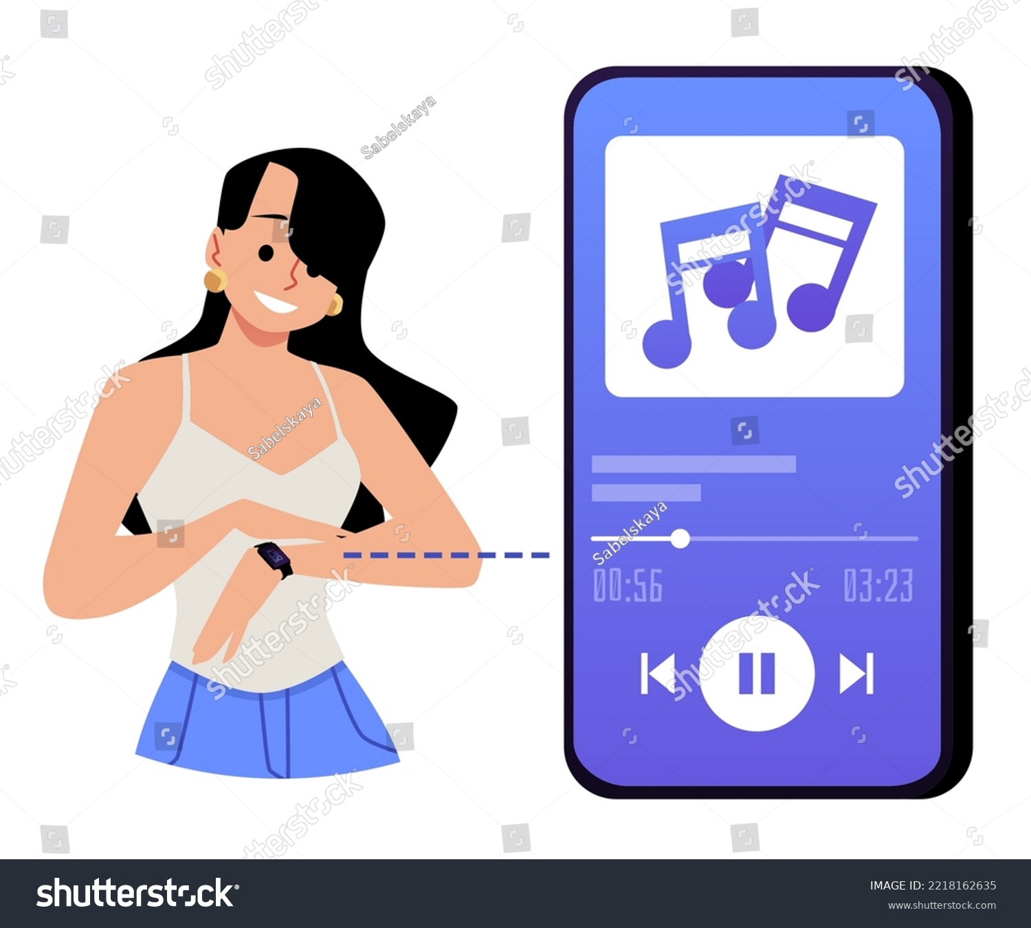 SVG of Happy woman managing music player on phone with smart watches, flat vector illustration isolated on white background. Character listening music thorog player on modern smartwatches. svg
