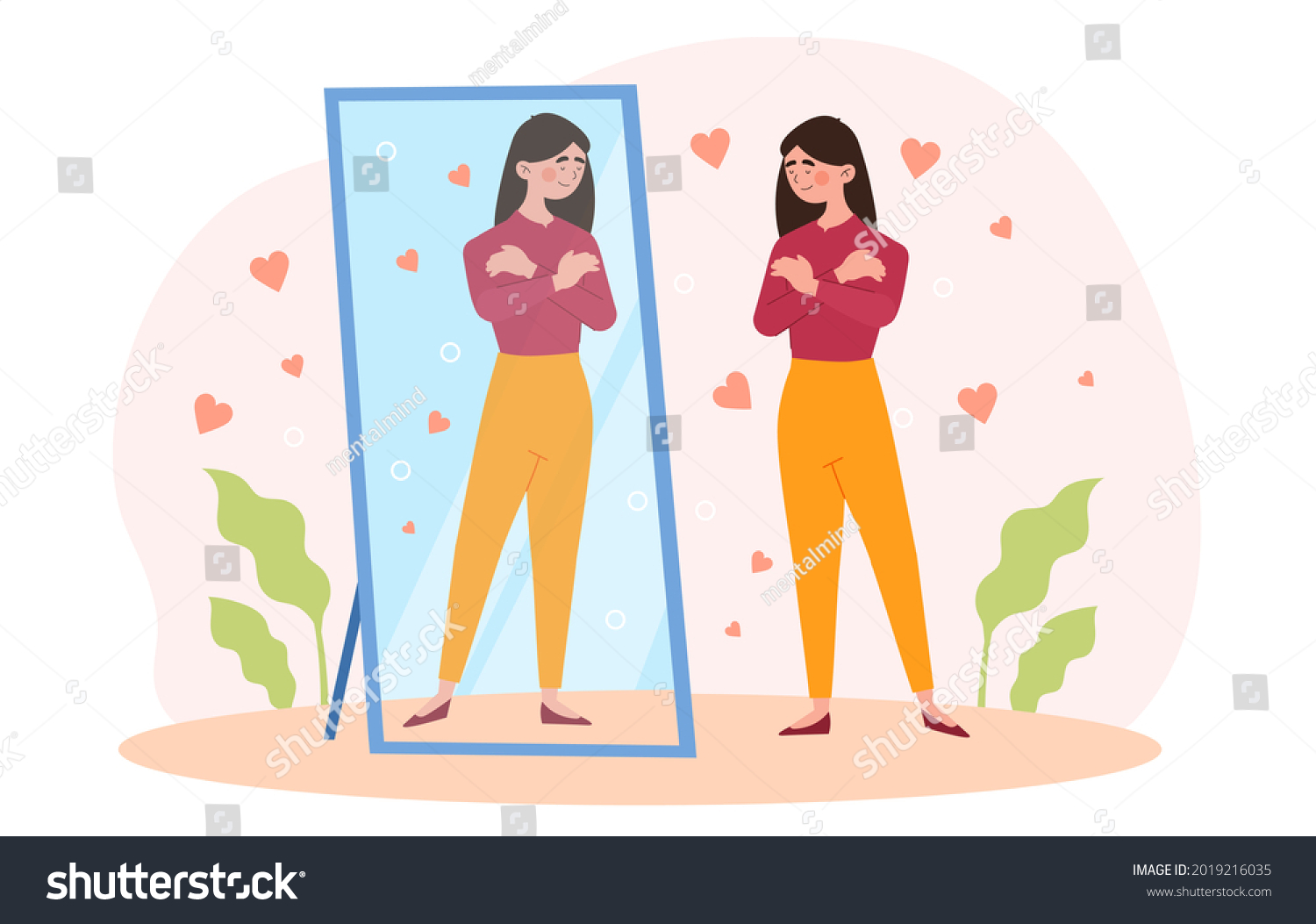 SVG of Happy woman stand before mirror and hug herself, narcissism, positive affirmations, body positive, self care, web banner. Flat cartoon illustration vector concept design isolated on white background svg