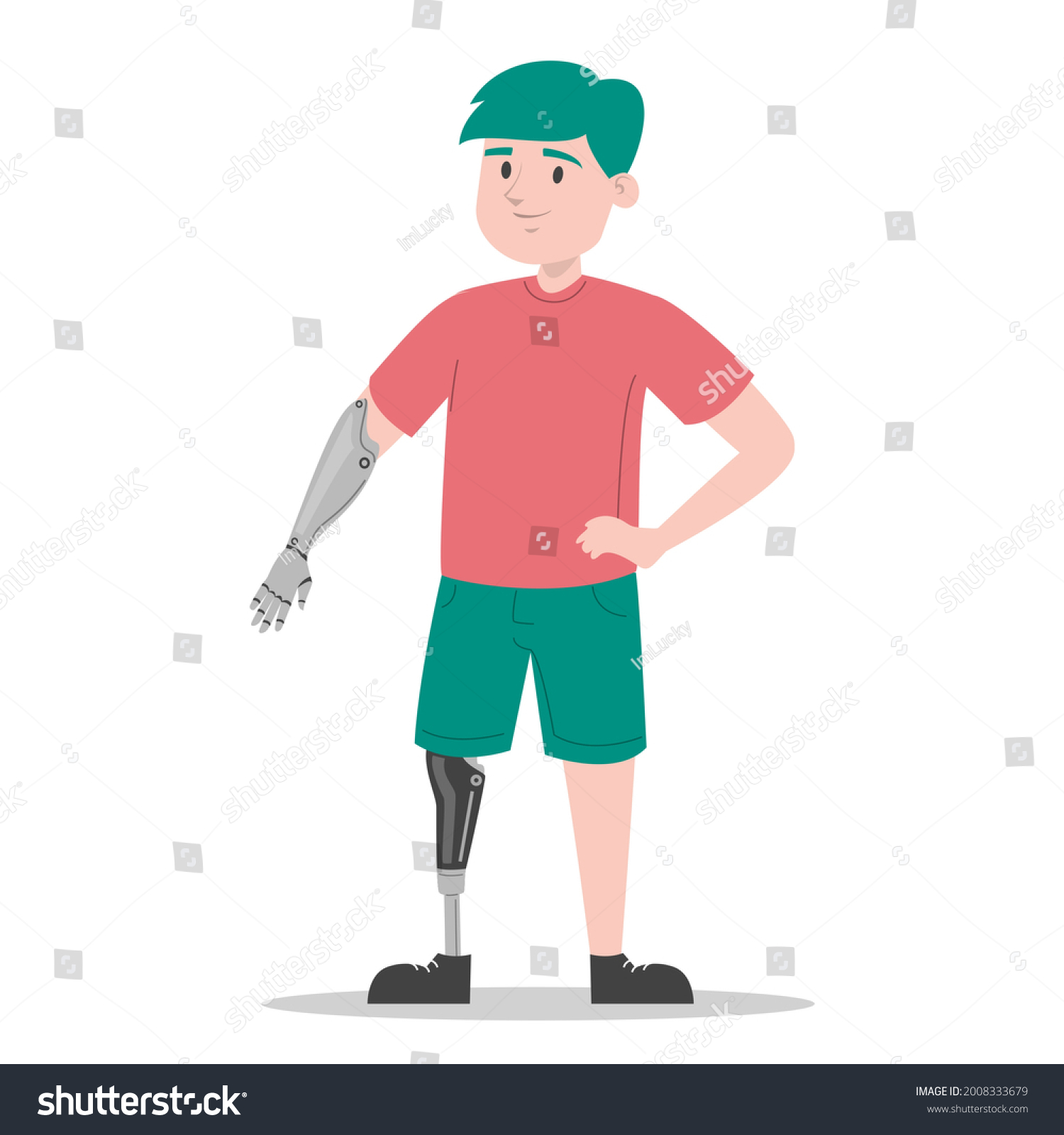 SVG of Happy young boy with prosthetic leg and arm vector isolated. Illustration of a child wearing a prosthesis. Handicapped person, kid with artificial limbs. svg