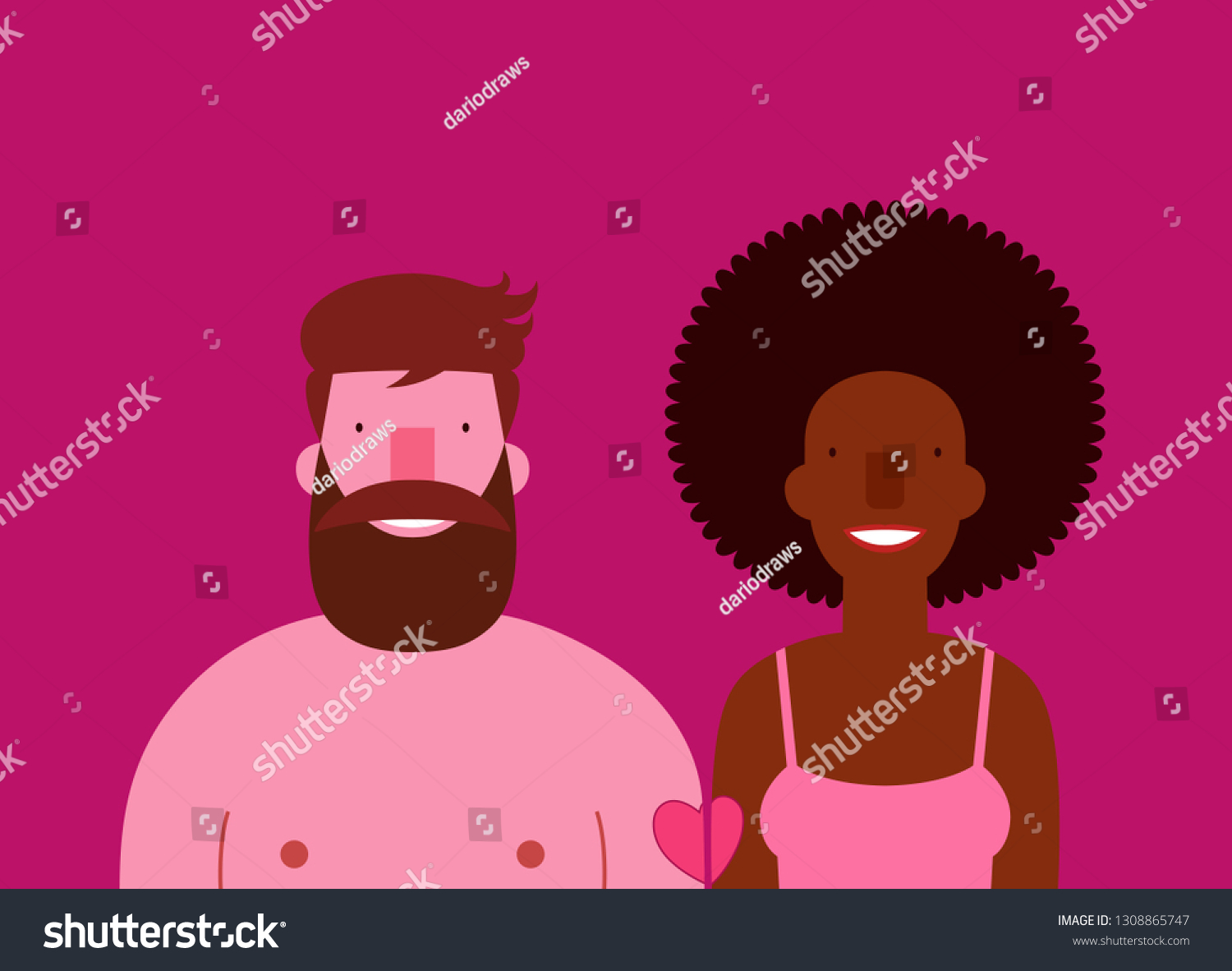 A Colorful Cartoon of an Interracial Couple with Hearts Floating Around  Them - Royalty Free Clipart Picture