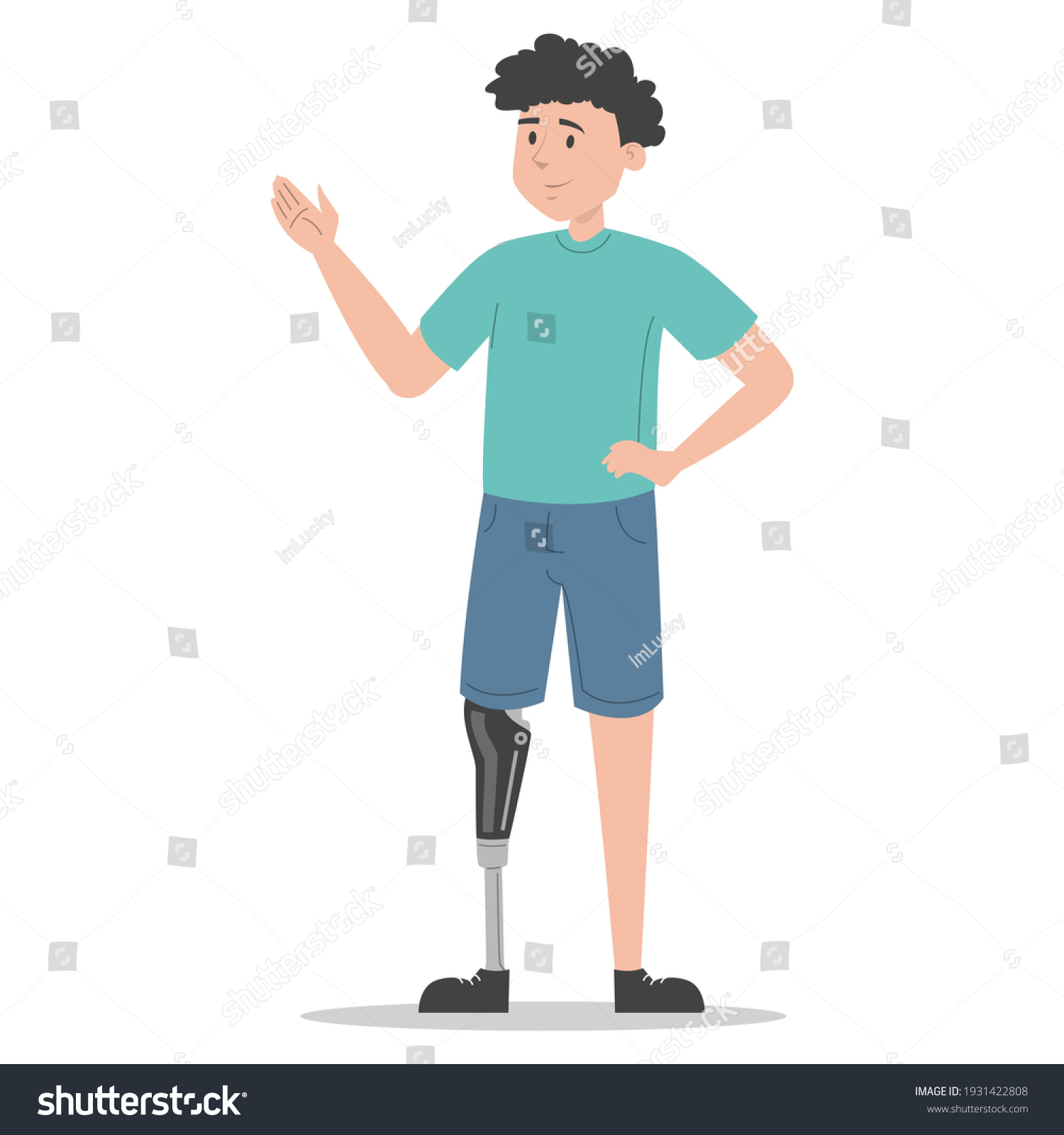 SVG of Happy young man with a prosthetic leg vector isolated. Illustration of young adult wearing a prosthesis. Handicapped person, male character with artificial limb. svg