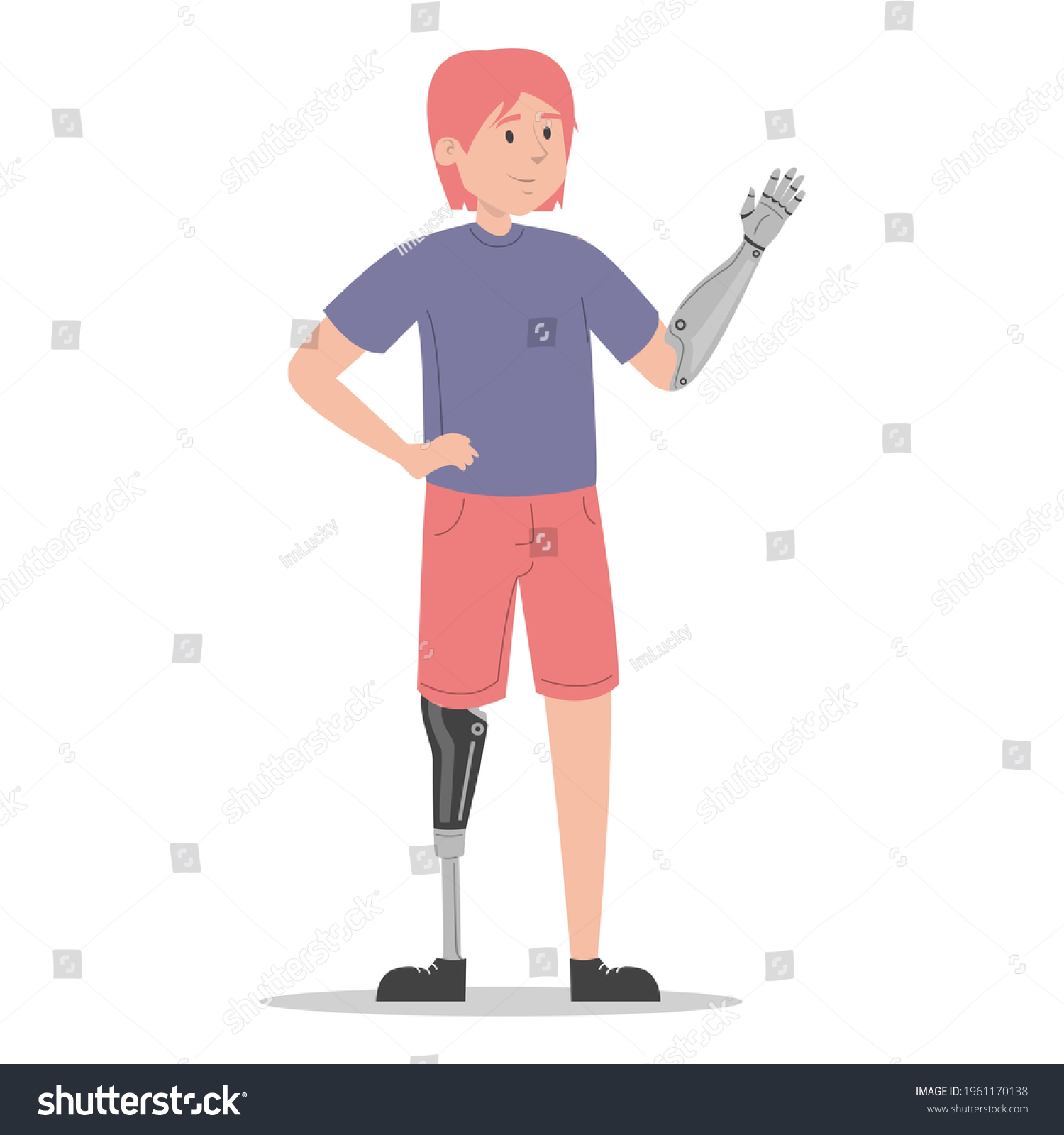 SVG of Happy young man with prosthetic leg and arm vector isolated. Illustration of young adult wearing a prosthesis. Handicapped person, male character with artificial limbs. svg